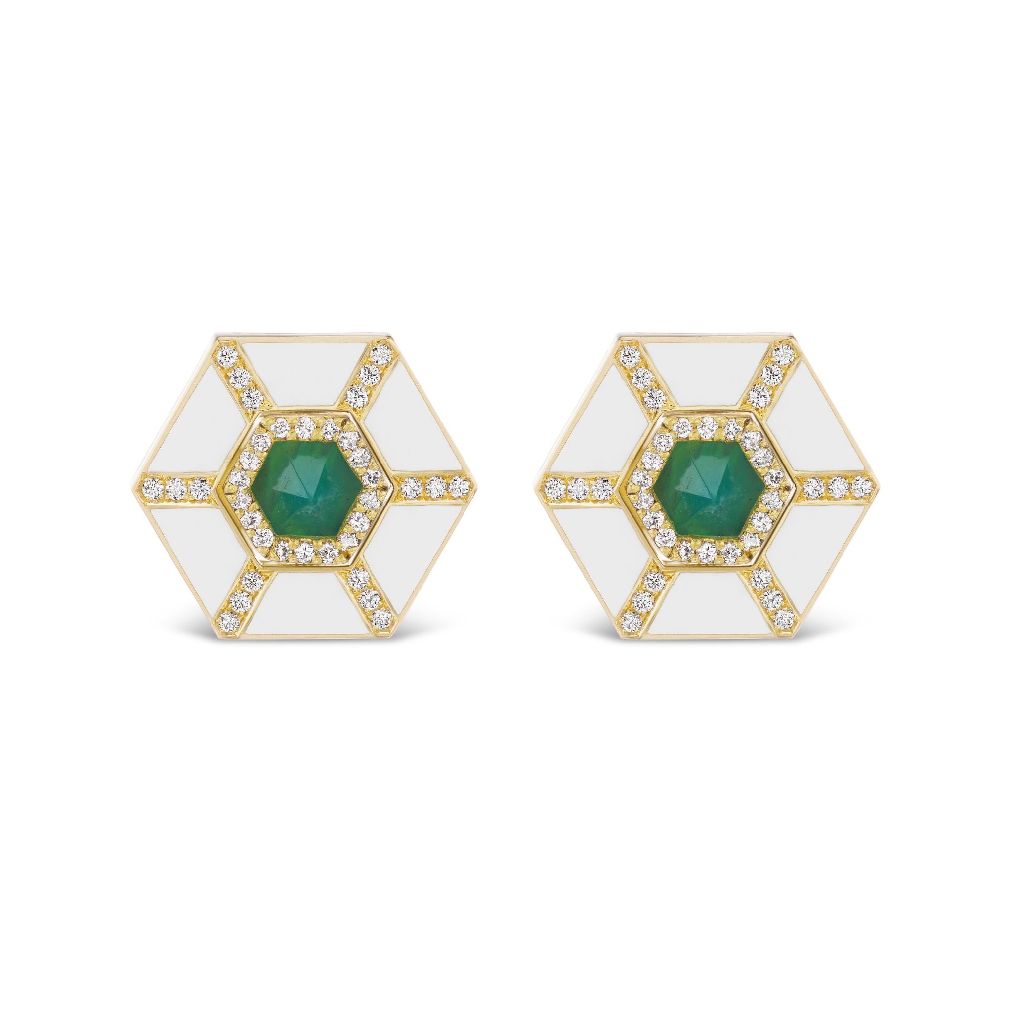Hexagon Trapezoid Ceramic Pavé Ear Jackets in 18K yellow gold featuring white enamel, diamond pavé accents, and a central green gemstone on each earring, displayed against a white background.