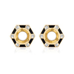 Hexagon Alternating Onyx and Diamond Ear Jackets: Crafted in 18k yellow gold, these geometric, modern ear jackets feature a hollow hexagonal design with alternating black enamel segments reminiscent of onyx and rectangular clear diamonds.
