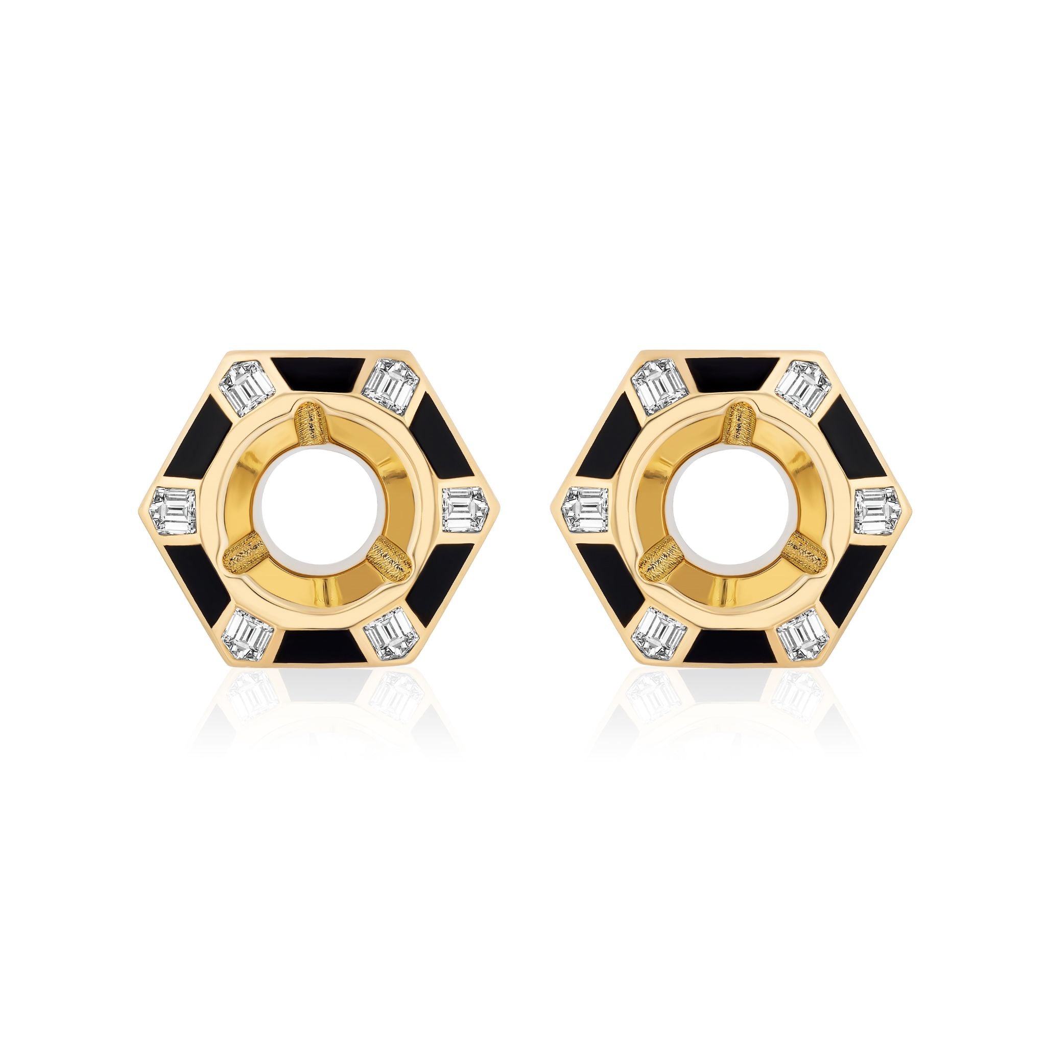 Hexagon Alternating Onyx and Diamond Ear Jackets: Crafted in 18k yellow gold, these geometric, modern ear jackets feature a hollow hexagonal design with alternating black enamel segments reminiscent of onyx and rectangular clear diamonds.