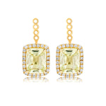 Chartreuse Sapphire Pavé Ear Jackets crafted in 18k yellow gold, featuring cushion-cut pale yellow gemstones encircled by a halo of pavé white stones. Decorative loops at the top allow for easy attachment, while subtle touches of light green sapphires add sophisticated elegance.