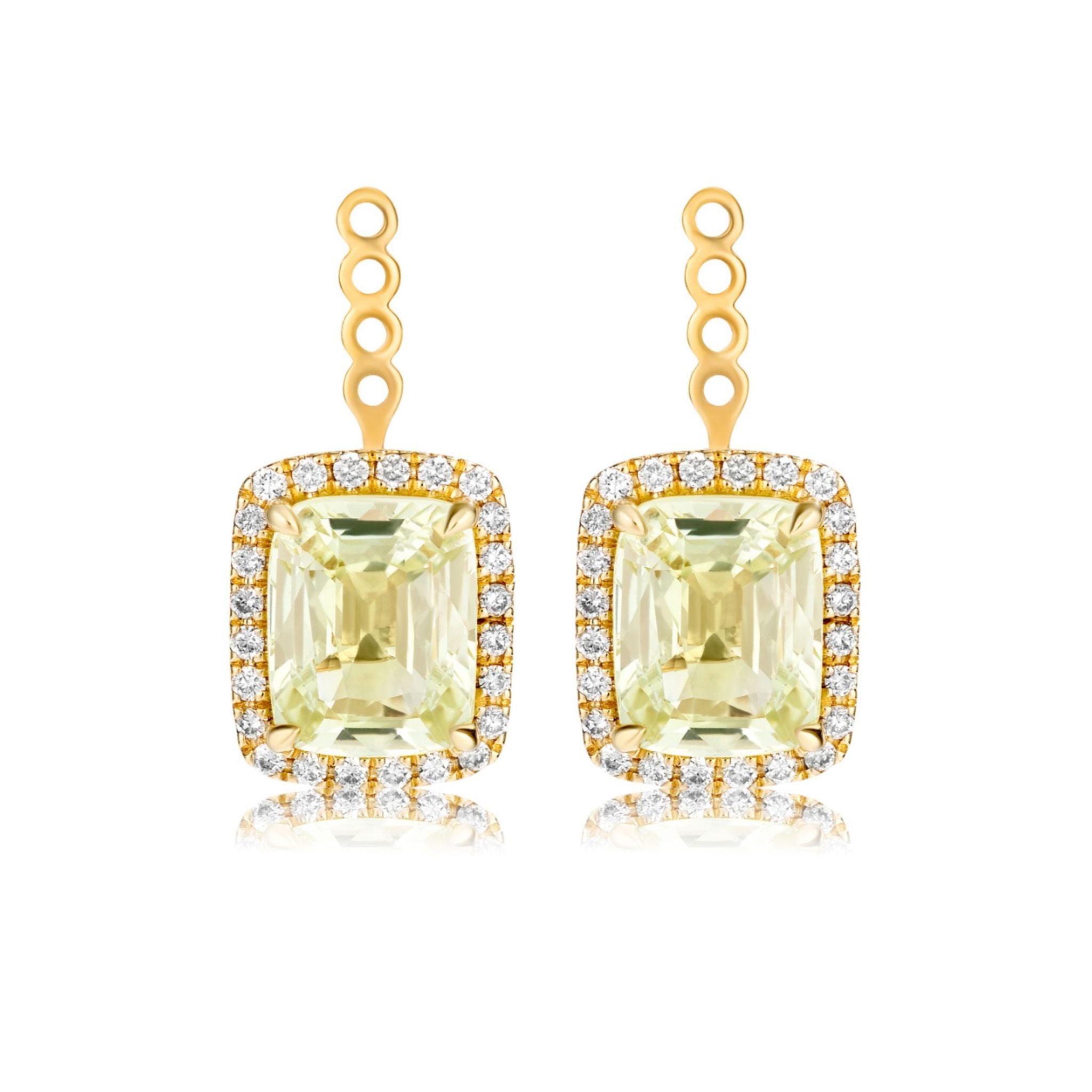 Chartreuse Sapphire Pavé Ear Jackets crafted in 18k yellow gold, featuring cushion-cut pale yellow gemstones encircled by a halo of pavé white stones. Decorative loops at the top allow for easy attachment, while subtle touches of light green sapphires add sophisticated elegance.