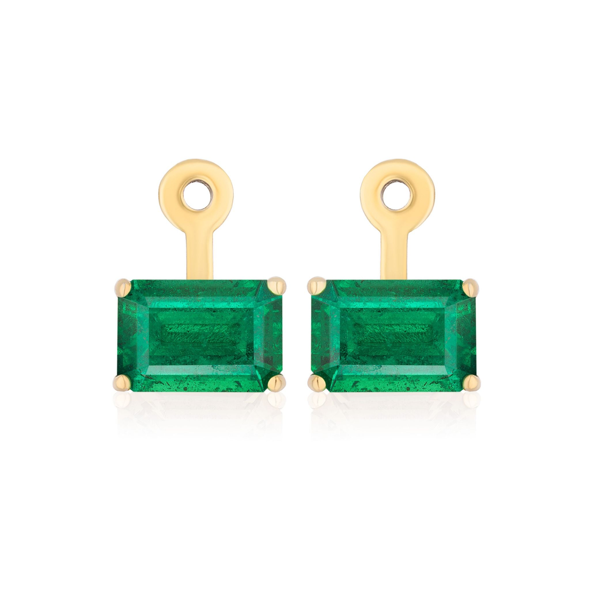 East-West Set Emerald Cut Emerald Ear Jackets in Yellow Gold, showcasing horizontally set rectangular emerald-cut emeralds with circular gold loops above each stone, displayed against a white background.