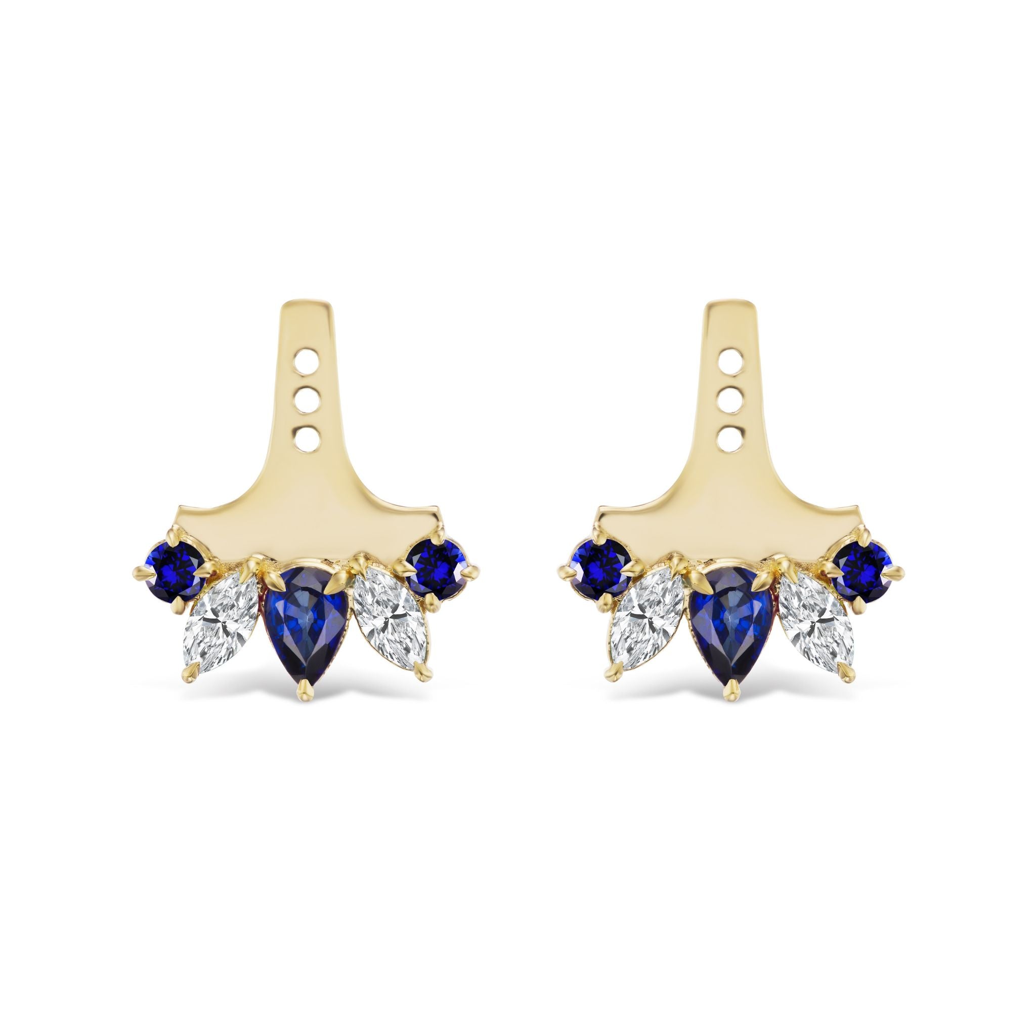 Mixed Shape Sapphire and Diamond Ear Jackets in Yellow Gold, crafted from 18k yellow gold, showcase geometric tops adorned with blue sapphire teardrop and round gemstones, complemented by clear marquise diamonds arranged in a symmetrical floral design.