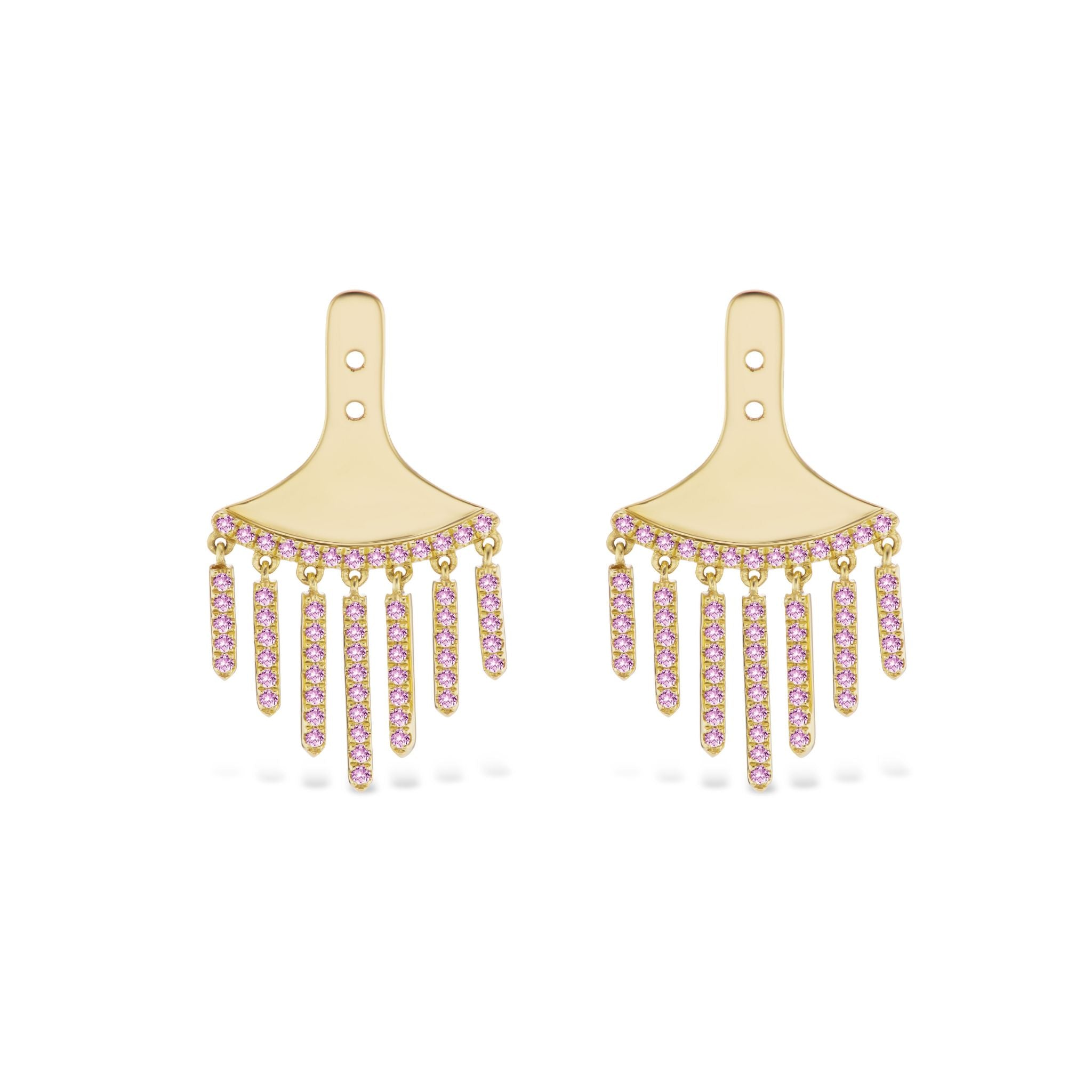 Chandelier Ear Jackets with Pink Sapphires in Yellow Gold featuring curved tops and vertical dangling bars, each bar adorned with small round pink sapphires, displayed against a white background.