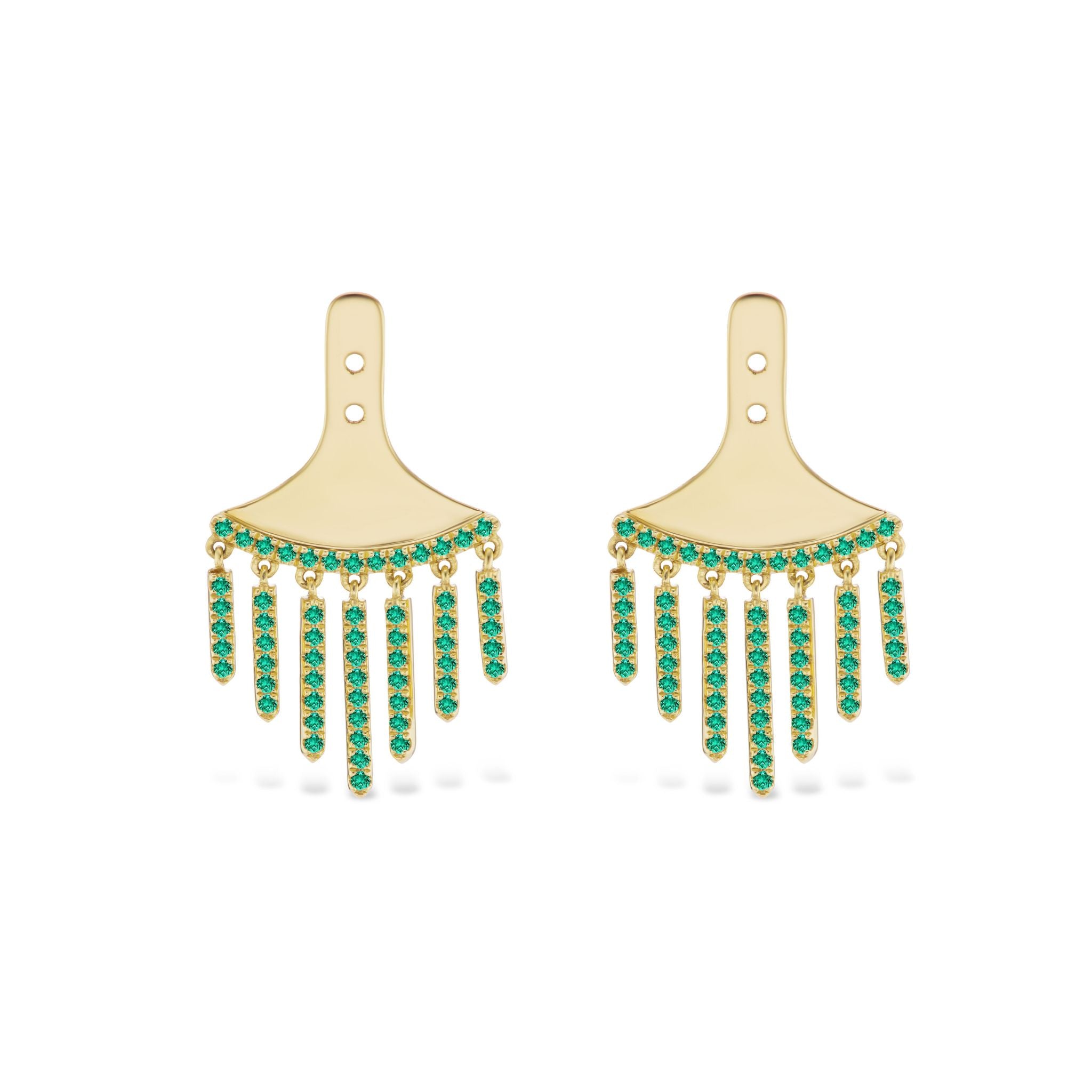 Chandelier Ear Jackets with Round Emeralds in Yellow Gold feature a fan-shaped design with two top openings and dangling vertical bars set with round emeralds, all elegantly crafted in 18k yellow gold to create a striking fringe effect.