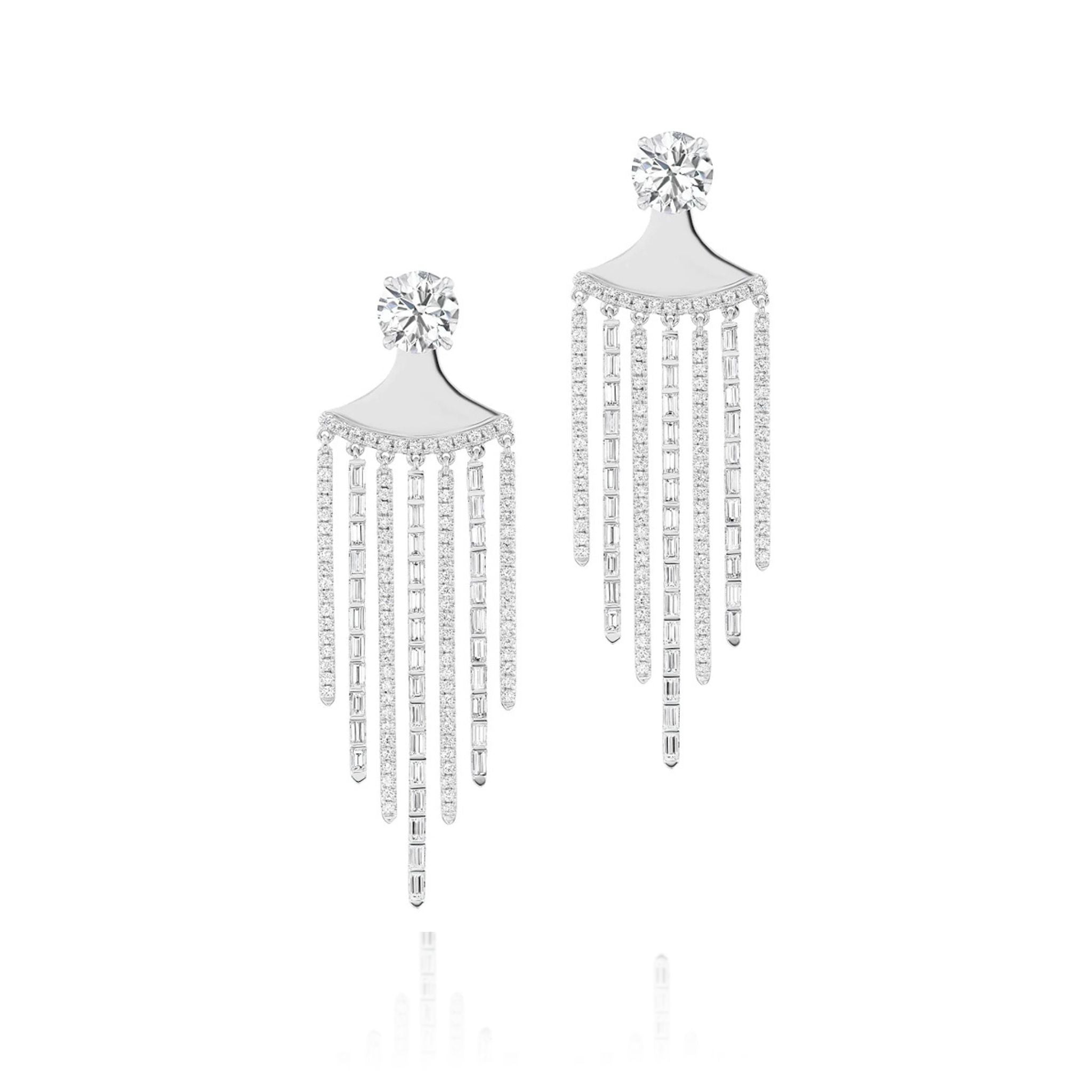 Raining Diamonds Ear Jackets in White Gold with Mixed Shape Diamonds feature a large round gemstone at the top and five sparkling fringes that dangle below, each accented with shimmering pavé diamonds for extra brilliance.