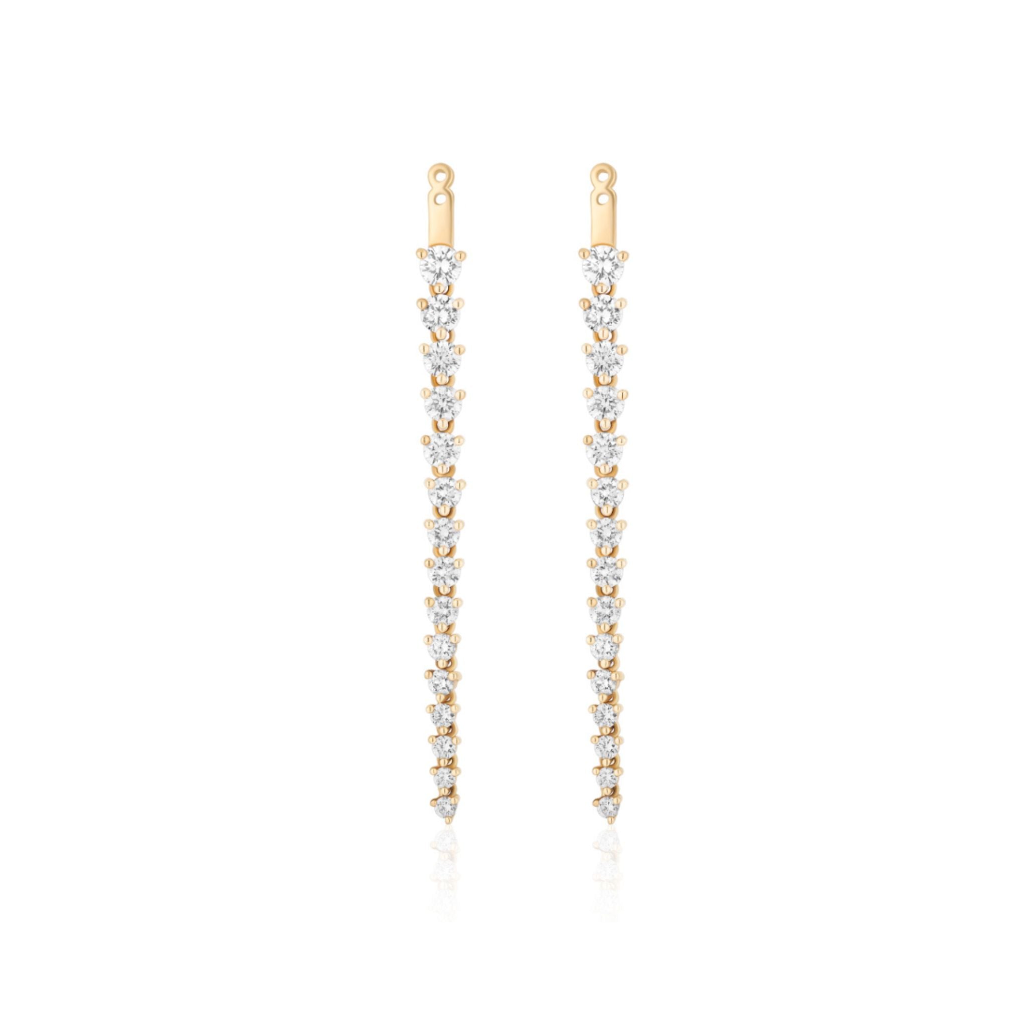 A pair of Graduated Tennis Ear Jackets in Yellow Gold, each adorned with a vertical row of sparkling G-H color round brilliant diamonds in a gradual taper, photographed on a white background.