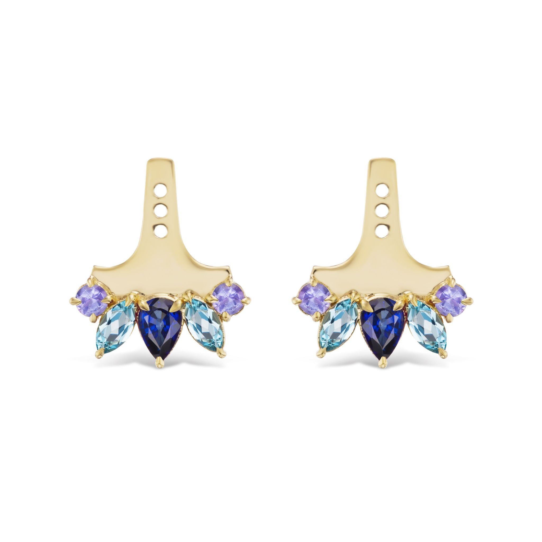 Multicolor Mixed Shape Sapphire Ear Jackets crafted in radiant 18k yellow gold, featuring three holes at the top and showcasing blue sapphires, aqua gemstones, and purple sapphires arranged in a floral pattern at the base.