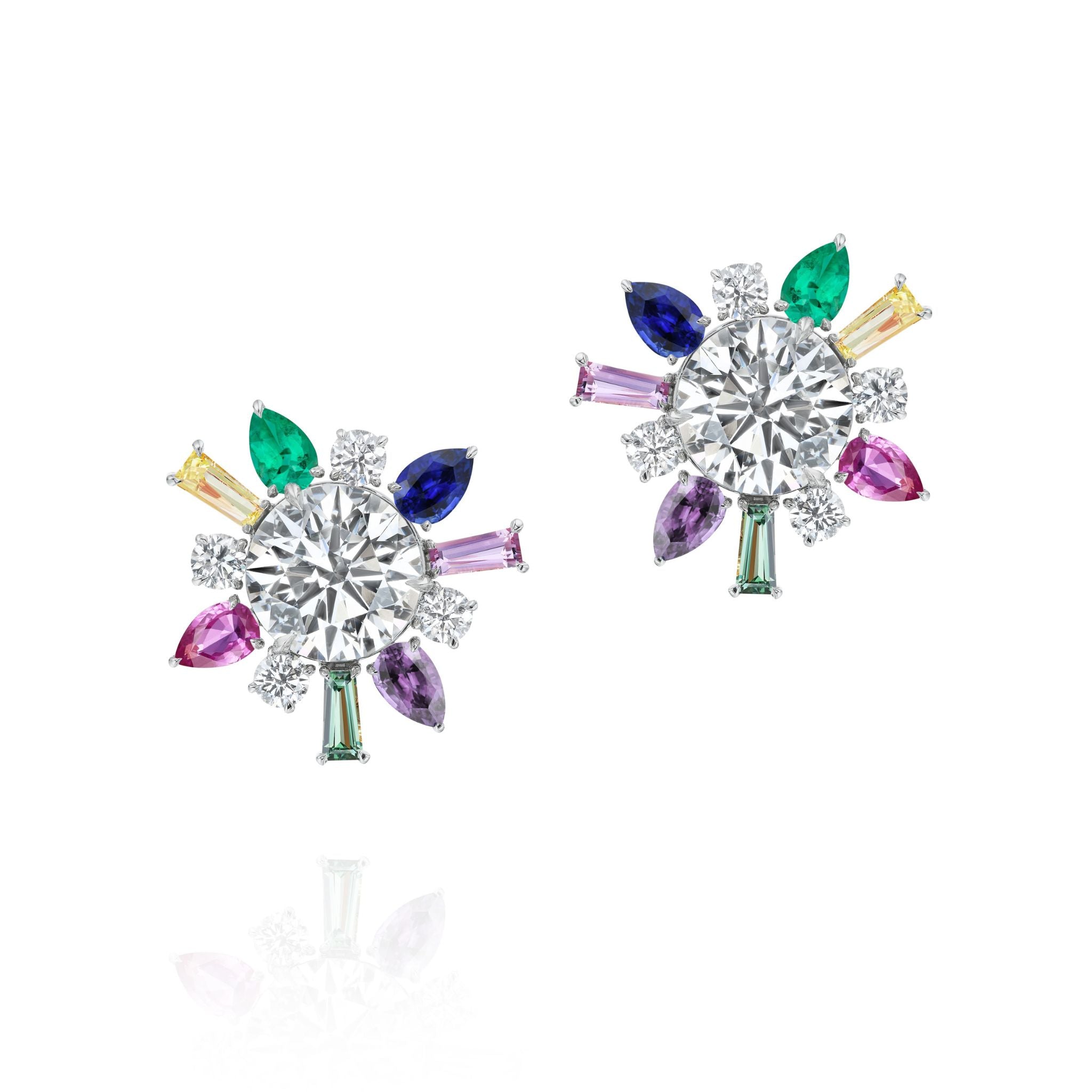 Introducing the Confetti Multicolor Ear Jackets in White Gold—elegant ear jackets crafted in 18k white gold, showcasing a central round diamond encircled by vibrant green, blue, pink, purple, and yellow sapphires in mixed round, marquise, and baguette shapes.