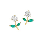 Flower Ear Jackets with Marquise Emerald Petals in Yellow Gold—delicately crafted from 18k yellow gold, these earrings feature a round white gem at the center of each blossom and two marquise-shaped emeralds as petals on every earring, making them an elegant addition to any emerald jewelry collection.