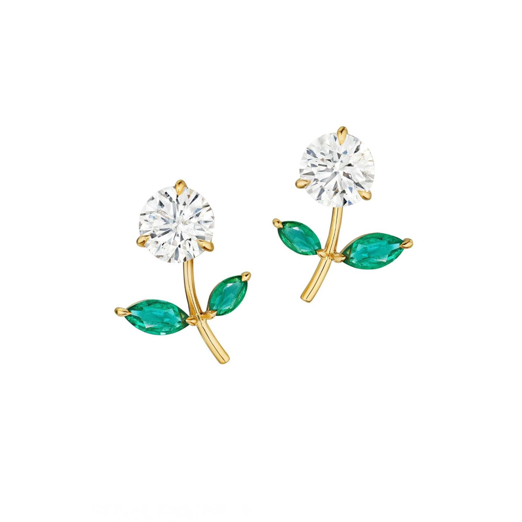 Flower Ear Jackets with Marquise Emerald Petals in Yellow Gold—delicately crafted from 18k yellow gold, these earrings feature a round white gem at the center of each blossom and two marquise-shaped emeralds as petals on every earring, making them an elegant addition to any emerald jewelry collection.