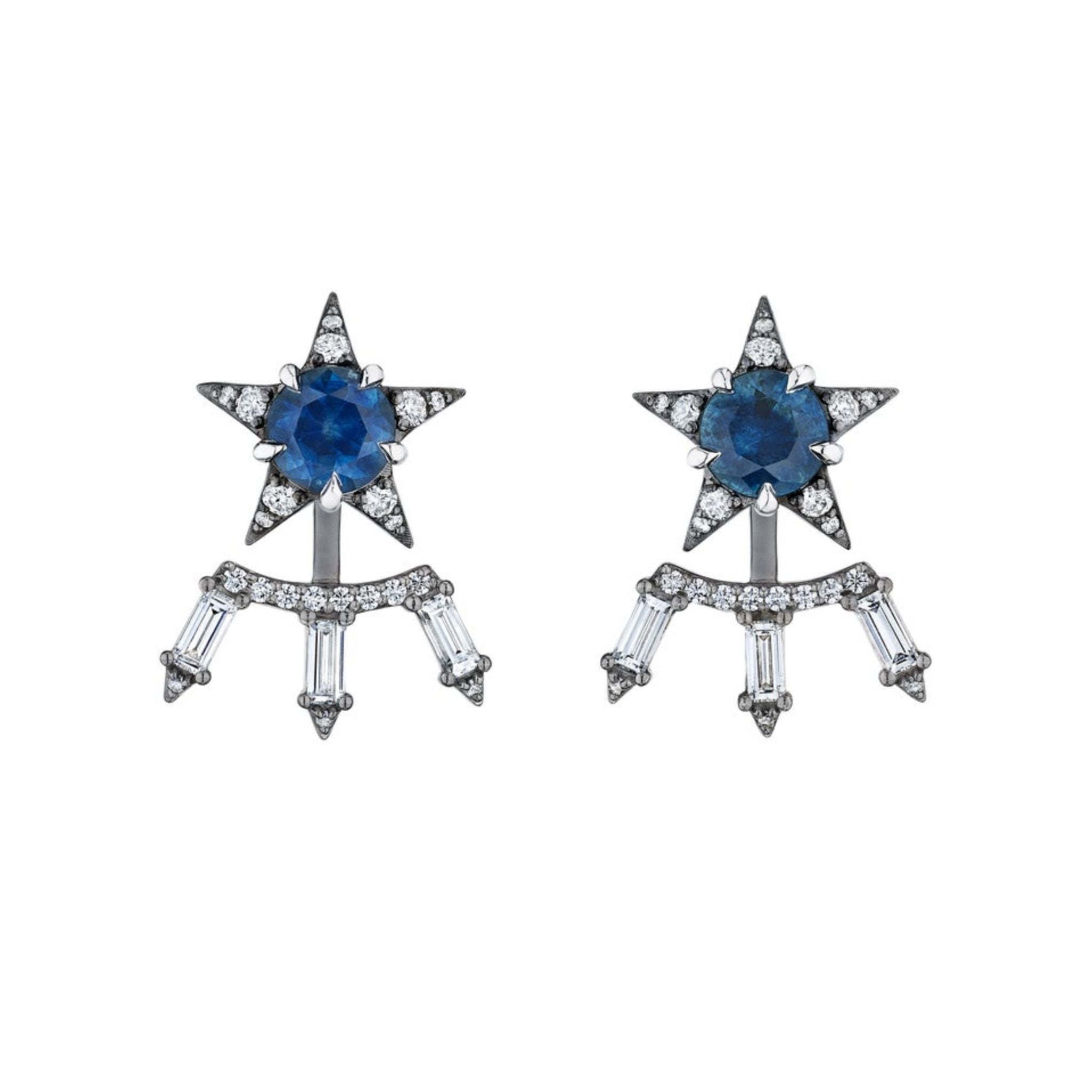 America250 Baguette Diamond Ear Jackets in Black Rhodium feature star-shaped designs with blue gemstone centers, surrounded by sparkling clear stones, and three rectangular dangling clear stones beneath each star, all elegantly set in silver metal with a luxurious black rhodium plated platinum finish.