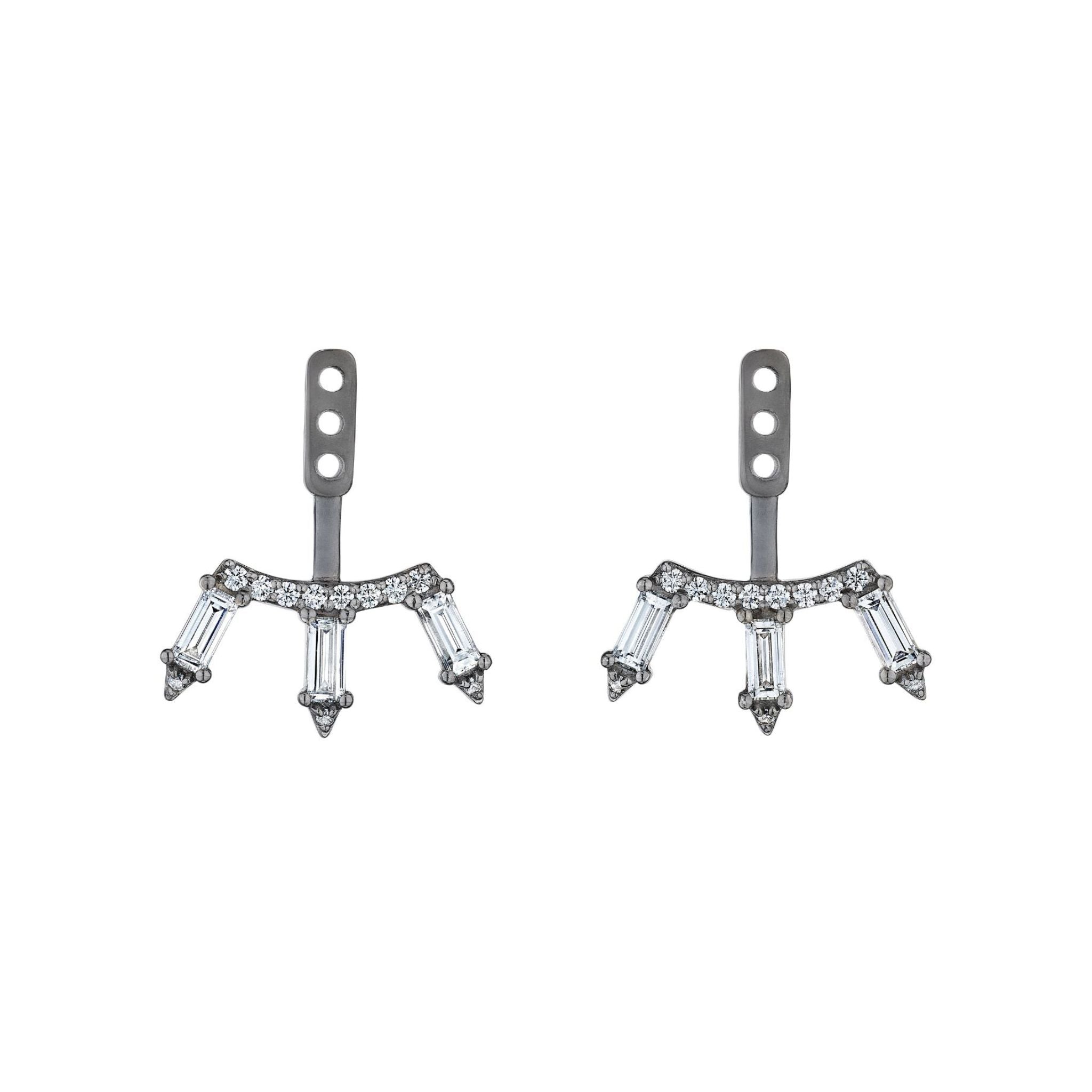 America250 Baguette Diamond Ear Jackets in Black Rhodium from the America250 capsule collection, showcasing three vertical baguette-cut stones inspired by the brilliance of diamonds and accented with a row of small round stones at the top. Finished with black rhodium plated platinum and designed with multiple adjustment holes for versatile attachment to earrings.