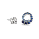 Ombré Swirl Ear Jackets in White Gold with Multicolor Sapphires: a striking pair featuring one round white gemstone stud and a circular open hoop adorned with an ombré swirl of multicolor sapphires, including brilliant blue stones in a stunning gradient. Custom order options available.