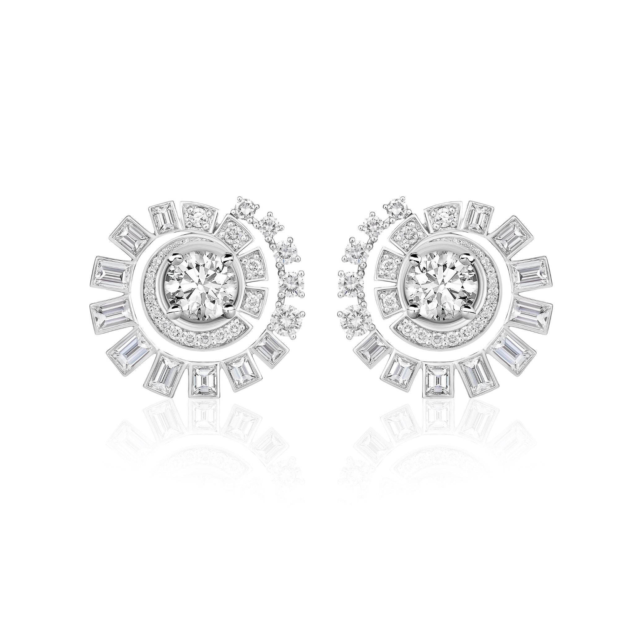 The Celestial Swirl Ear Jackets in white gold with mixed shape diamonds radiate celestial beauty, showcasing a swirling sunburst design with a large central round diamond encircled by smaller round and baguette-cut diamonds. Perfect for those seeking custom order jewelry inspired by the splendor of the skies.