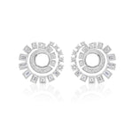 Celestial Swirl Ear Jackets in white gold dazzle with a radiant sunburst pattern, featuring mixed shape diamonds—both round and rectangular—arranged in concentric circles, creating a stunning piece of celestial jewelry that captures the allure of starlit skies.