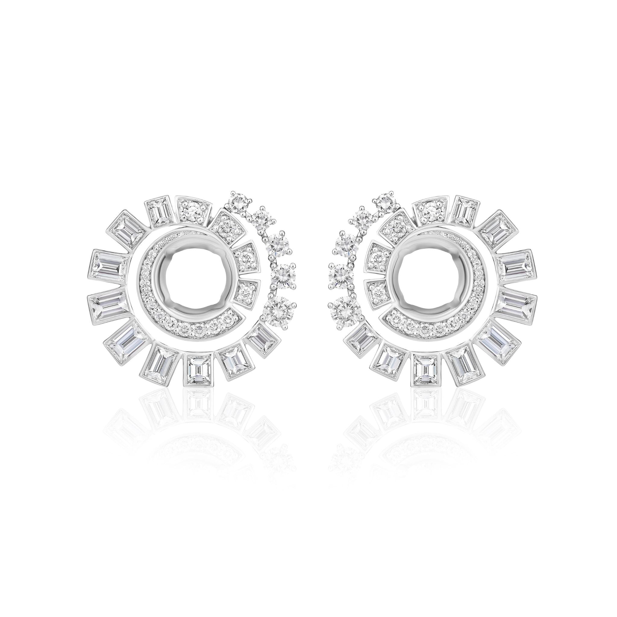 Celestial Swirl Ear Jackets in white gold dazzle with a radiant sunburst pattern, featuring mixed shape diamonds—both round and rectangular—arranged in concentric circles, creating a stunning piece of celestial jewelry that captures the allure of starlit skies.