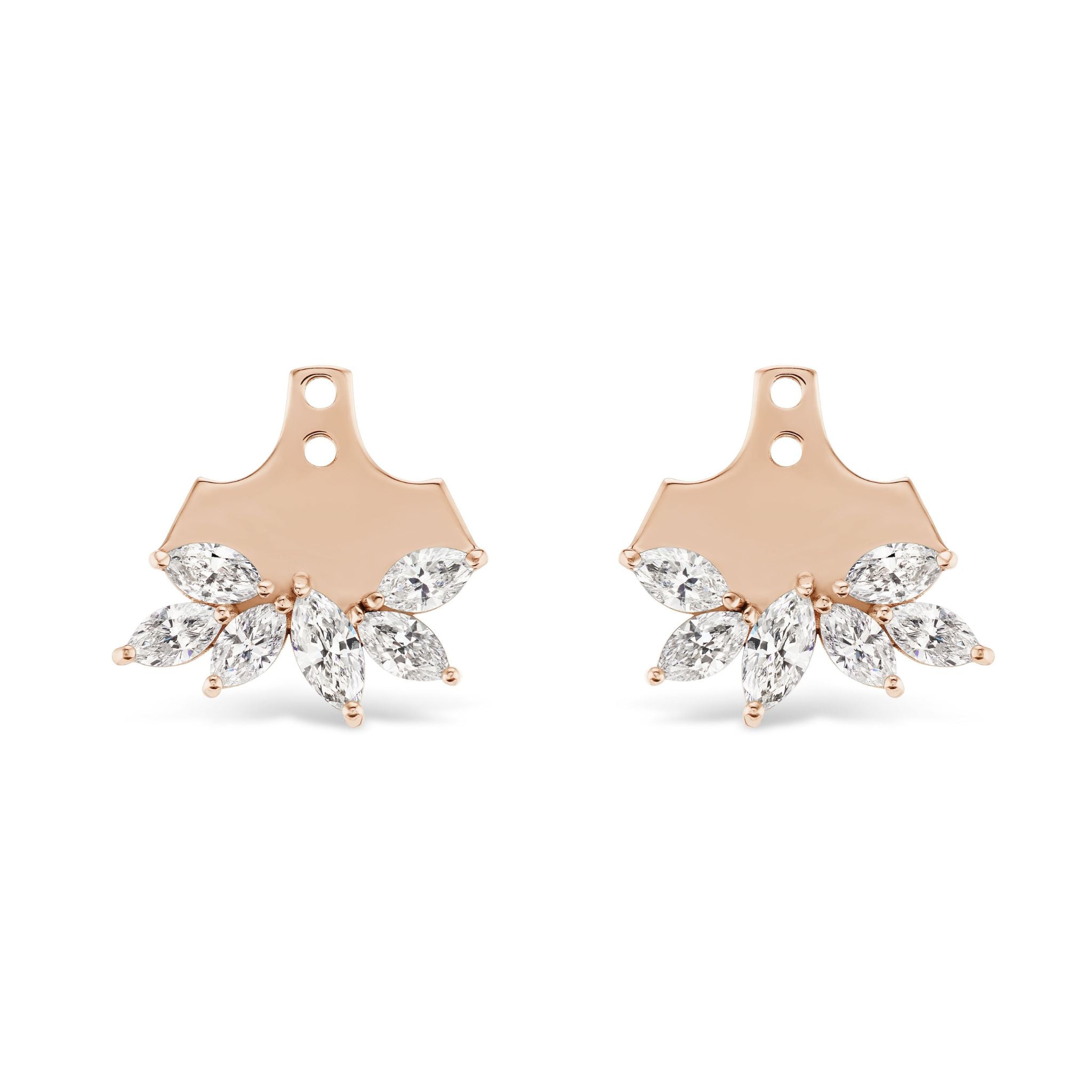 Marquise Diamond Cluster Ear Jackets in Rose Gold feature marquise-cut diamonds arranged in a delicate floral pattern, designed to be worn elegantly behind the earlobe.