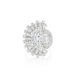 The Vintage Oscar Heyman & Brothers Diamond Ring showcases a striking marquise-cut center diamond, accented by half-moon diamonds and an array of baguette and round diamonds in an elaborate fan-shaped halo, all set on a platinum band from 1946.