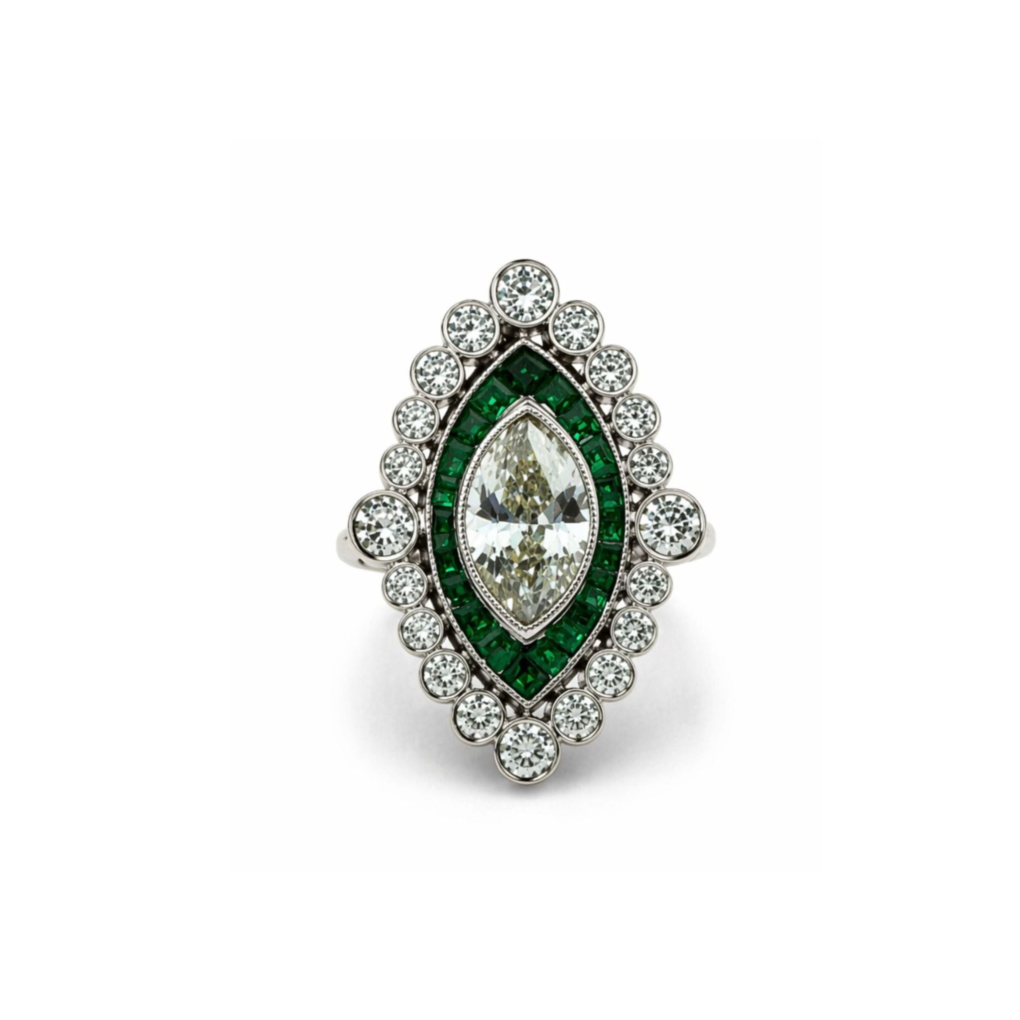The Art Deco Emerald Diamond Ring, featuring a marquise diamond surrounded by a double halo of green emeralds and round diamonds set in sleek platinum, evokes the timeless elegance of vintage milgrain jewelry and is beautifully displayed against a white background.