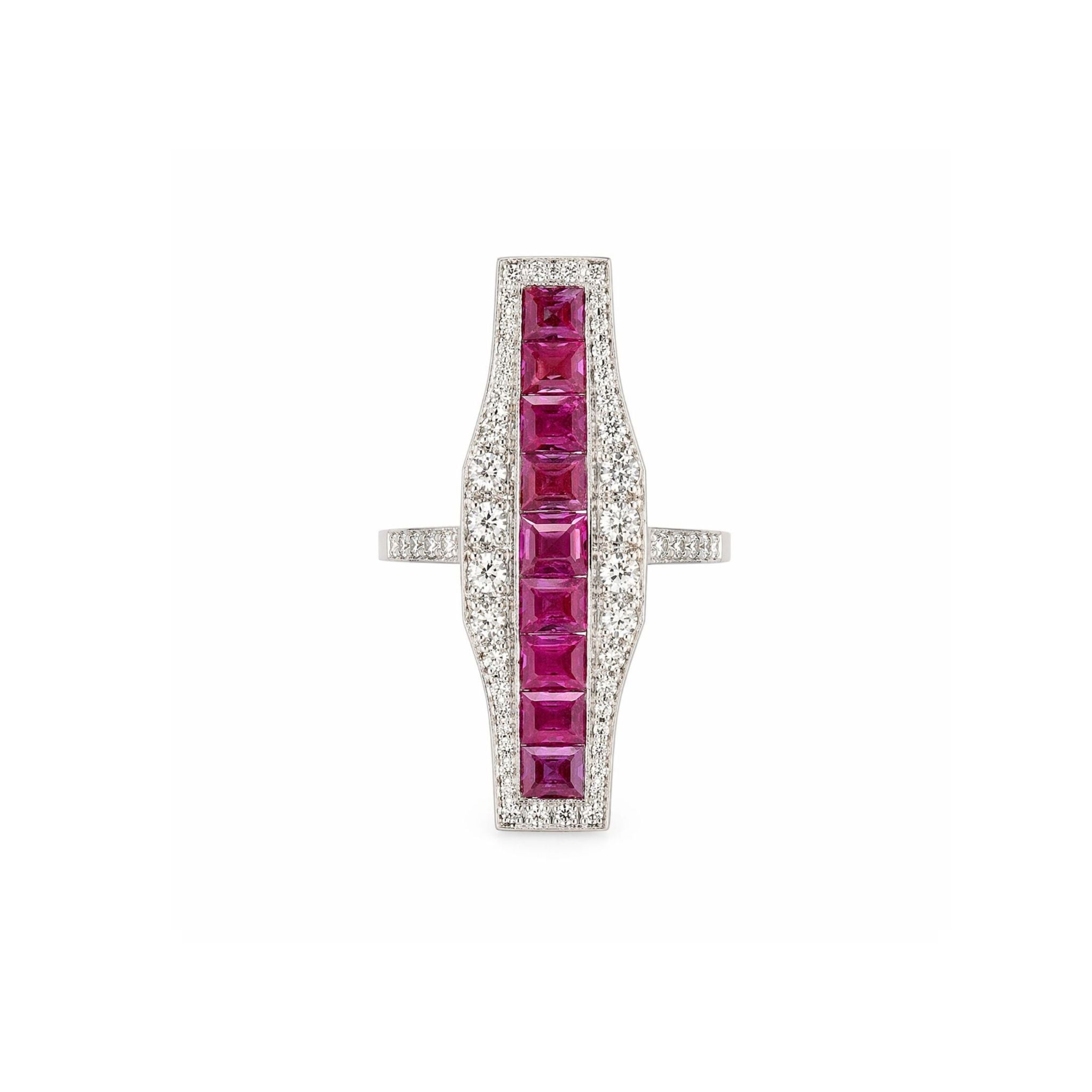 A platinum ring named the Ruby and Diamond Ring, showcasing a vertical row of square-cut rubies bordered by small diamonds, set on a wide, elongated geometric face with a thin band reminiscent of old European-cut diamond styles.