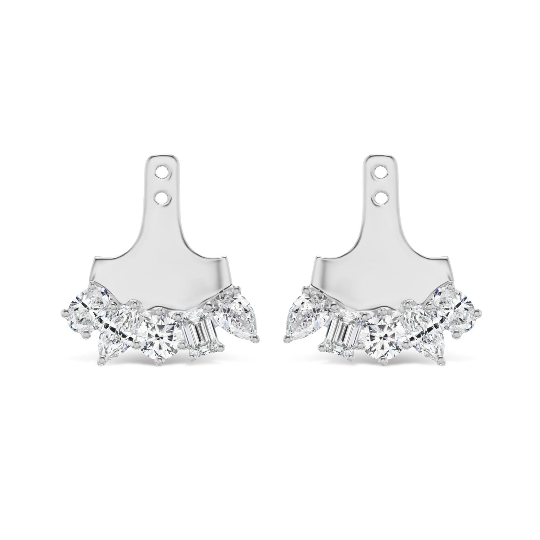 Certainly! Here’s the revised sentence using the given product data: Elevate your look with these Ear Jackets in White Gold with Mixed Shape Diamonds, featuring holes for attaching earrings, an array of clear gemstones in various shapes along the lower edge, and shimmering G-H color diamonds for an elegant touch.