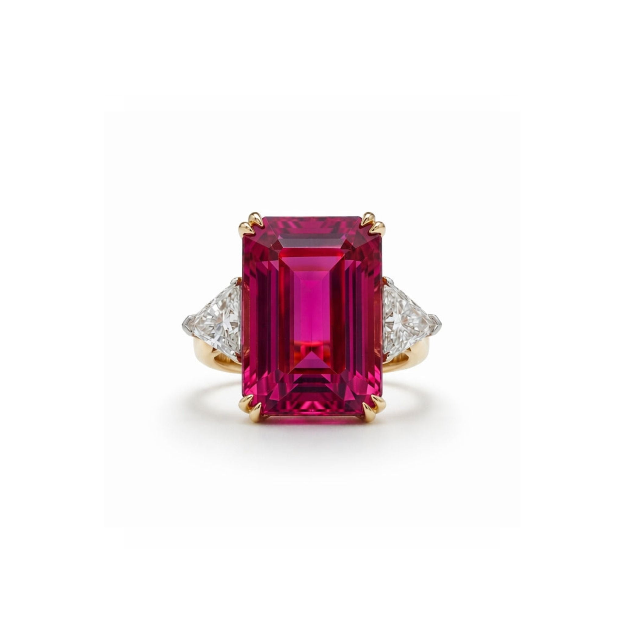 The Pink Tourmaline and Diamond Ring is crafted in gold, showcasing a prominent emerald-cut pink tourmaline at its center, accented by two triangular white diamonds on either side, set against a white background.