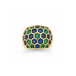 The Sabbadini Emerald and Sapphire Ring features brilliant blue sapphires and vibrant green emeralds arranged in a mosaic honeycomb pattern, elegantly set in 18K yellow gold.