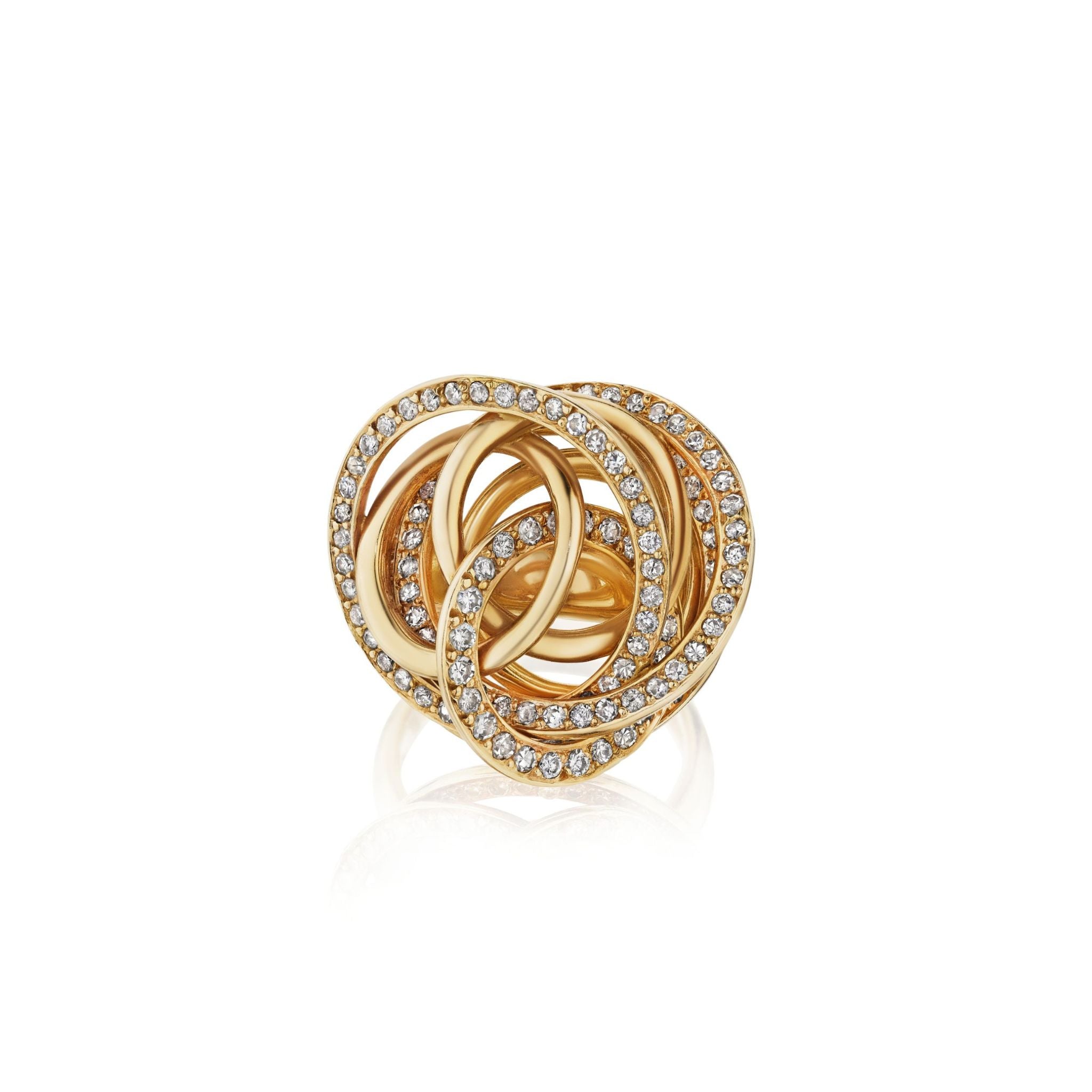 The Gold and Diamond Ring showcases elegant interlocking loops crafted in 18K gold, each embellished with sparkling pavé diamonds, beautifully presented against a white background.