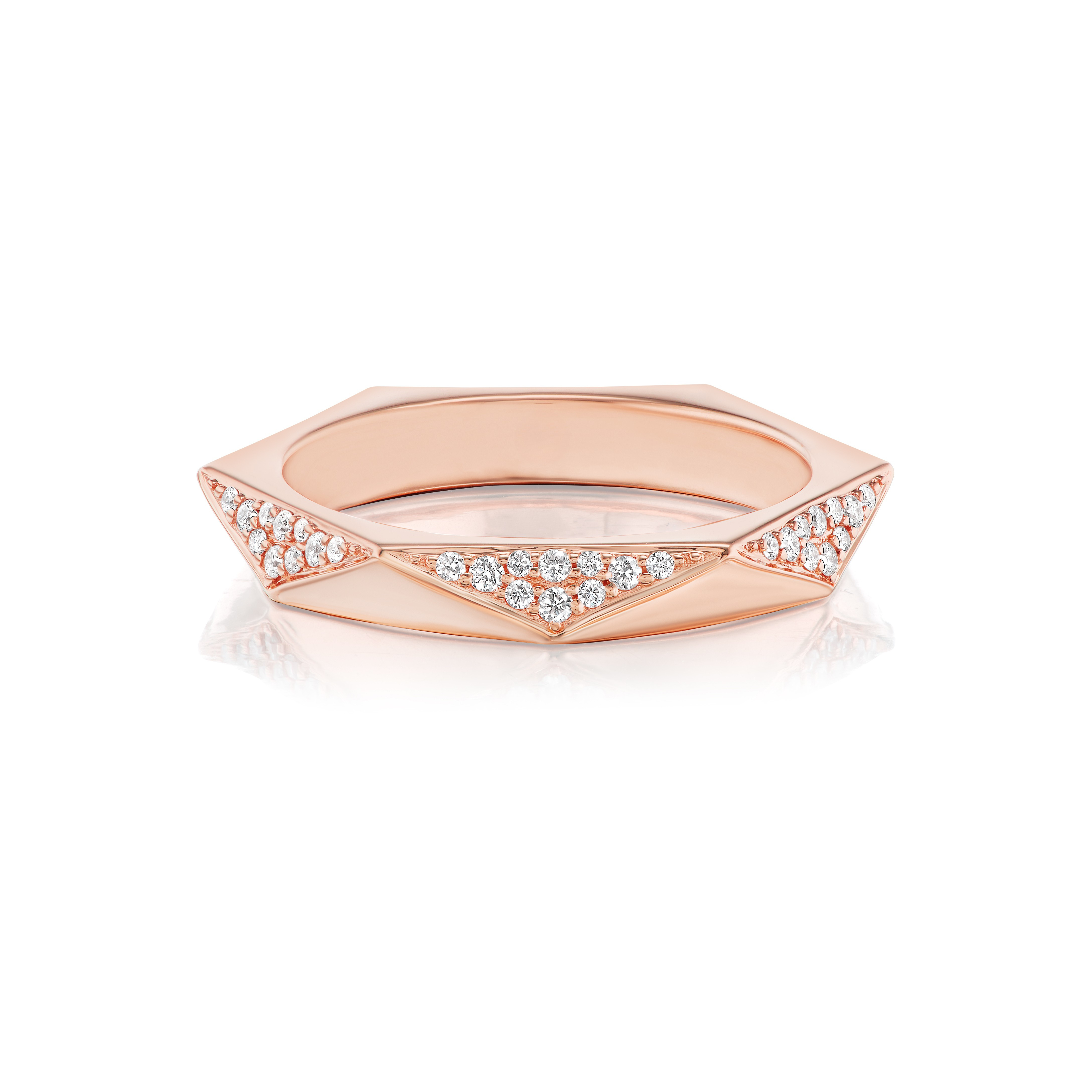 The Triangular Geometric Pavé Band is an 18k rose gold ring with angular edges and SI clarity diamonds set in triangular patterns, shown on a white background.