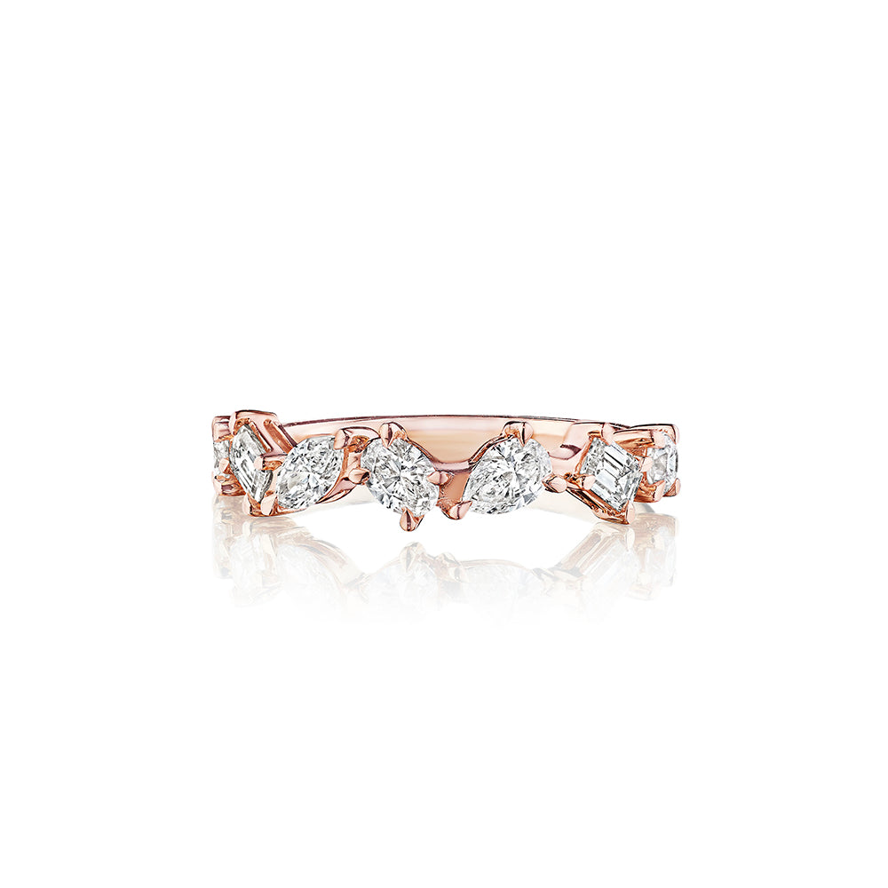 The Mixed Shape Diamond Half Eternity Band features alternating round and marquise-cut clear diamonds in a repeating pattern, set in rose gold and displayed on a white background.
