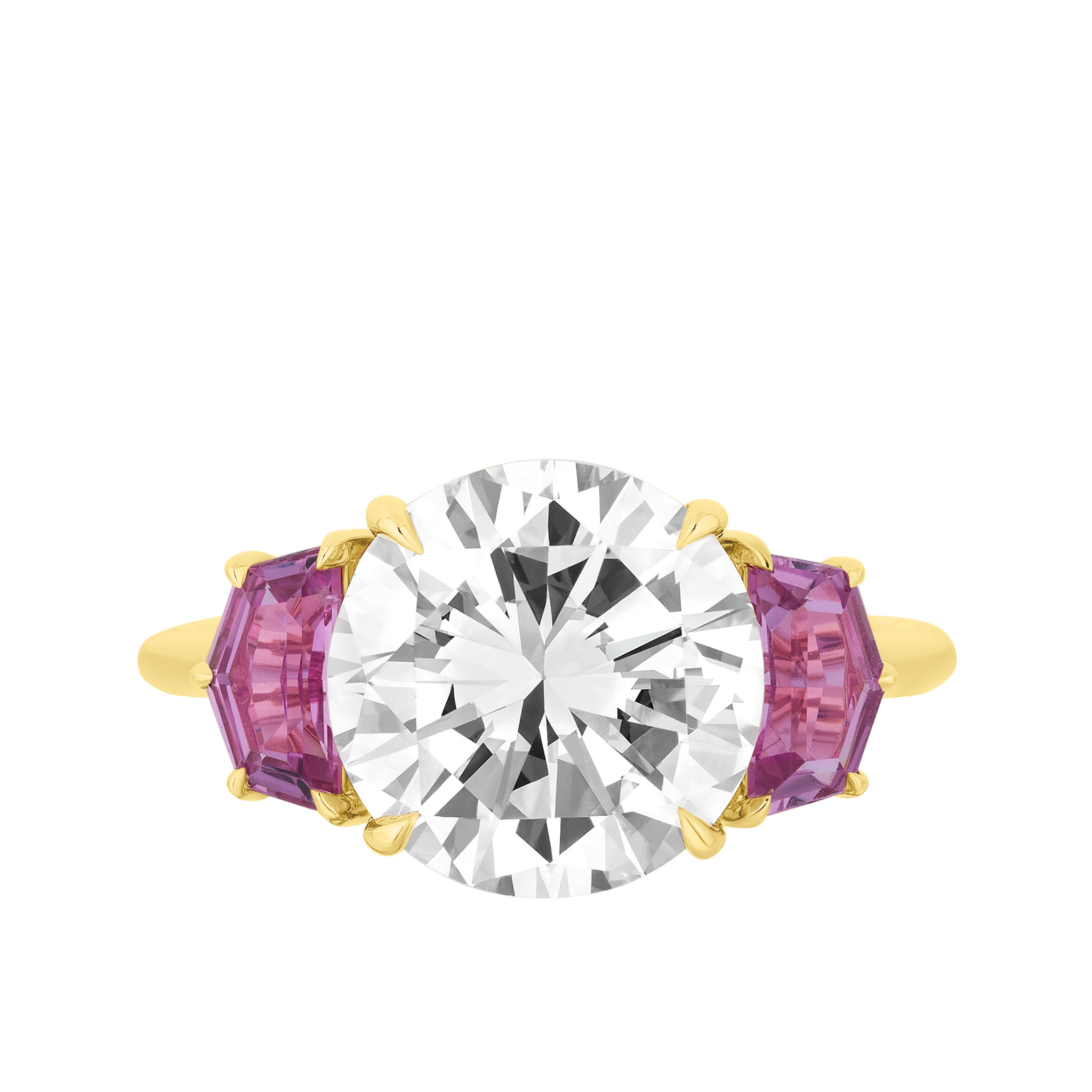 The Round Brilliant Diamond Engagement Ring features a large central diamond with two hexagonal epaulette pink sapphires set on either side.