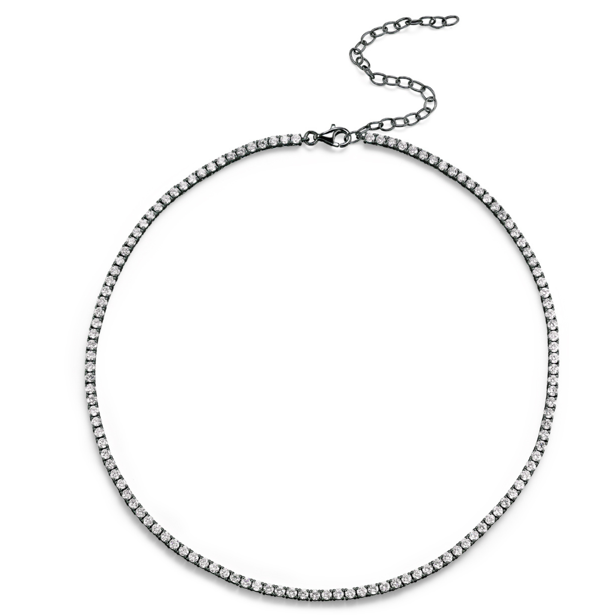 The Round Diamond Tennis Necklace in Black Rhodium features a single row of round brilliant diamonds set in an 18K black rhodium-plated gold chain with an adjustable clasp and extender for customizable length.