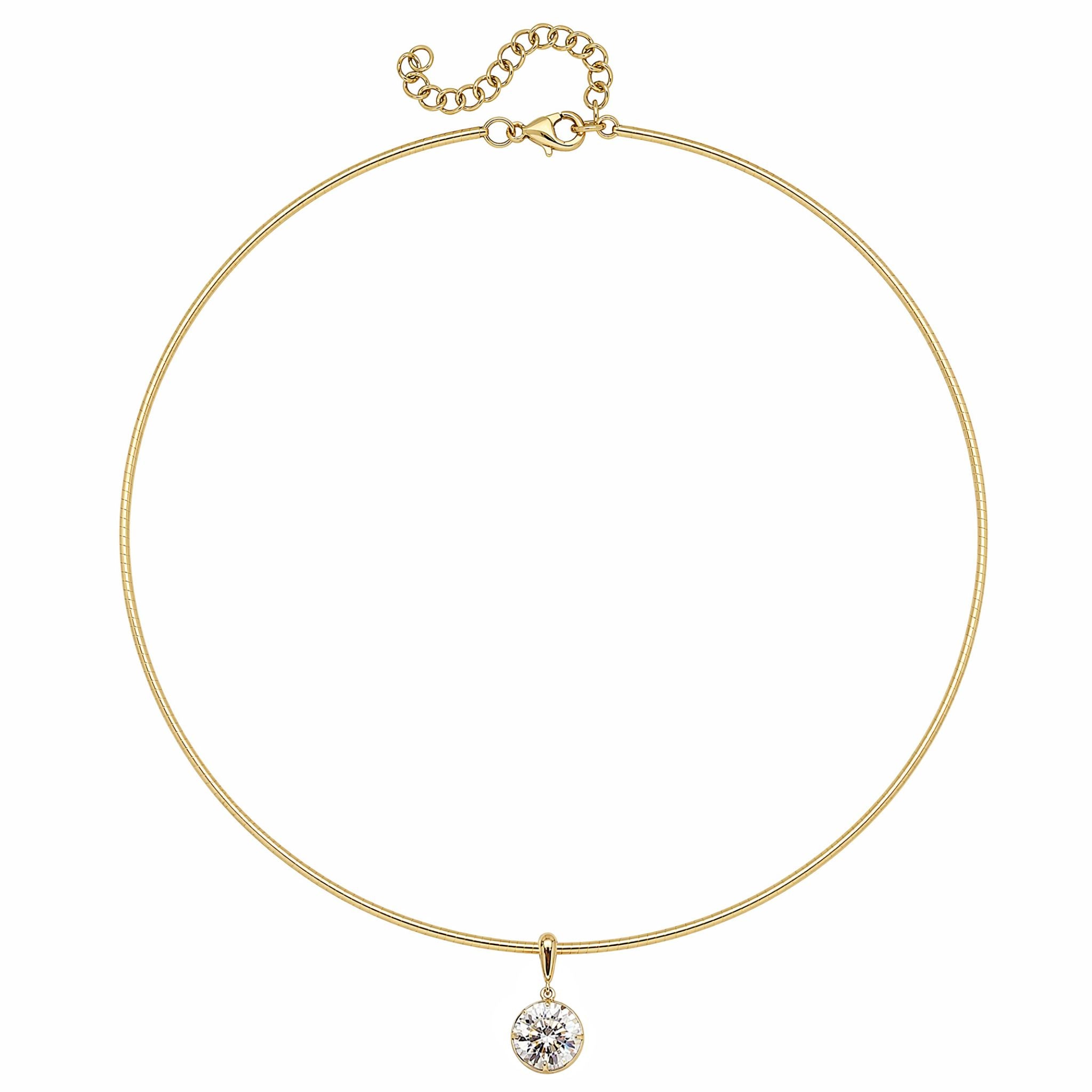 The Collet Set Round Diamond Omega Chain Necklace features a thin 18k yellow gold choker with an adjustable clasp and a single round diamond pendant at the center.