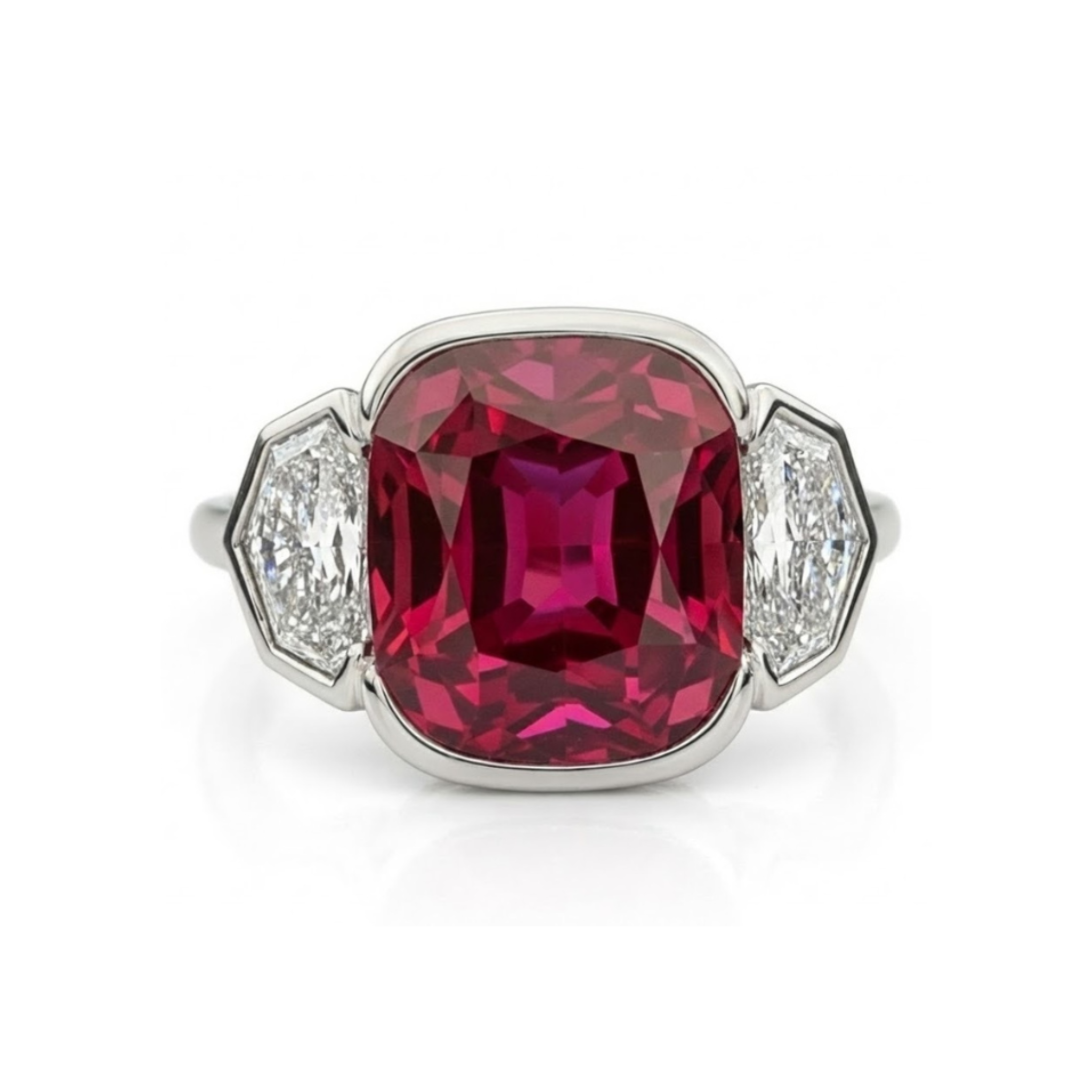 The Half Bezel Set Cushion Ruby Three Stone Ring features a vibrant center ruby and epaulette diamond side stones, all set in elegant 18k white gold against a white background.