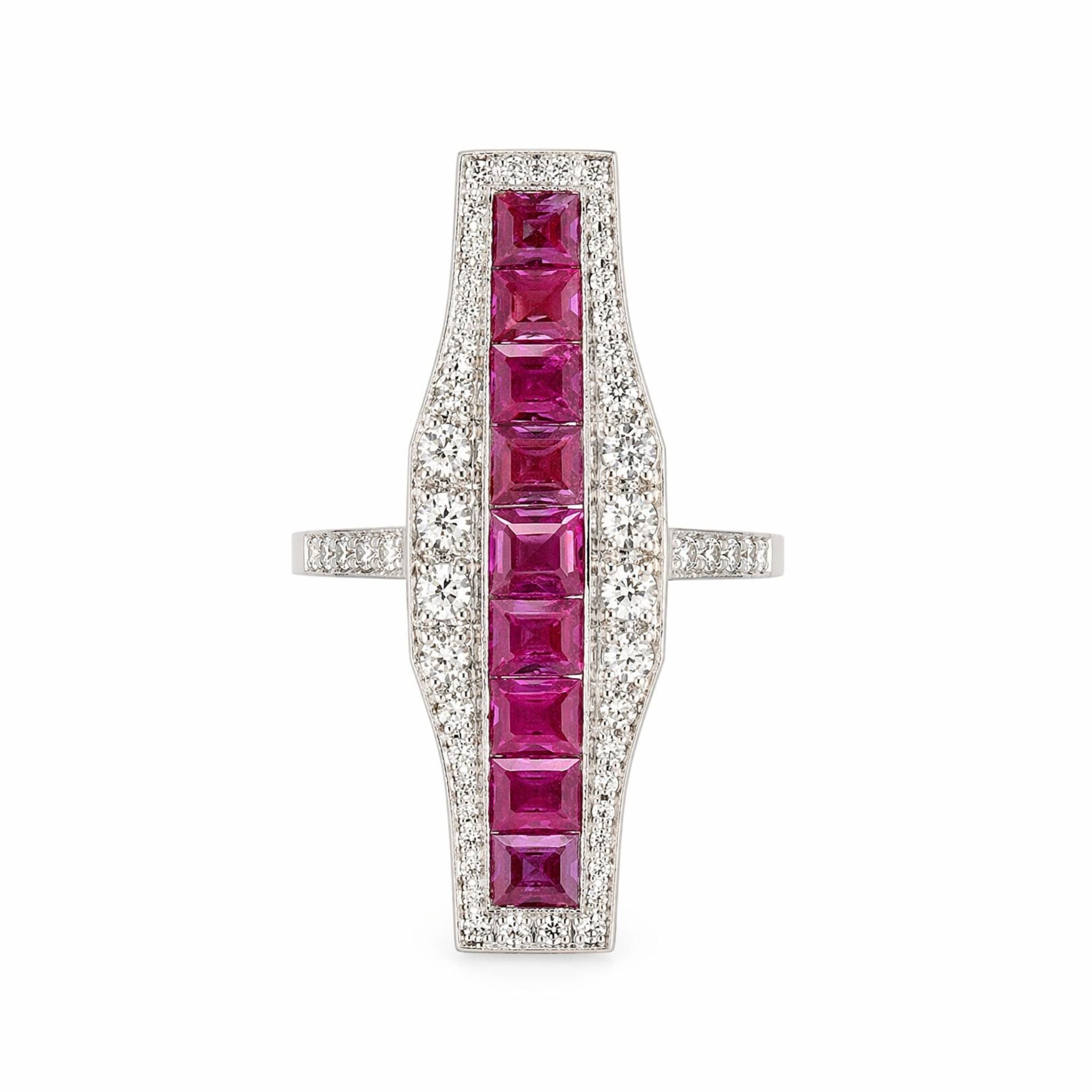 The Ruby and Diamond Ring showcases nine square-cut rubies in a vertical row, framed by two rows of round diamonds in an elongated geometric white gold setting, with additional diamonds decorating the band.