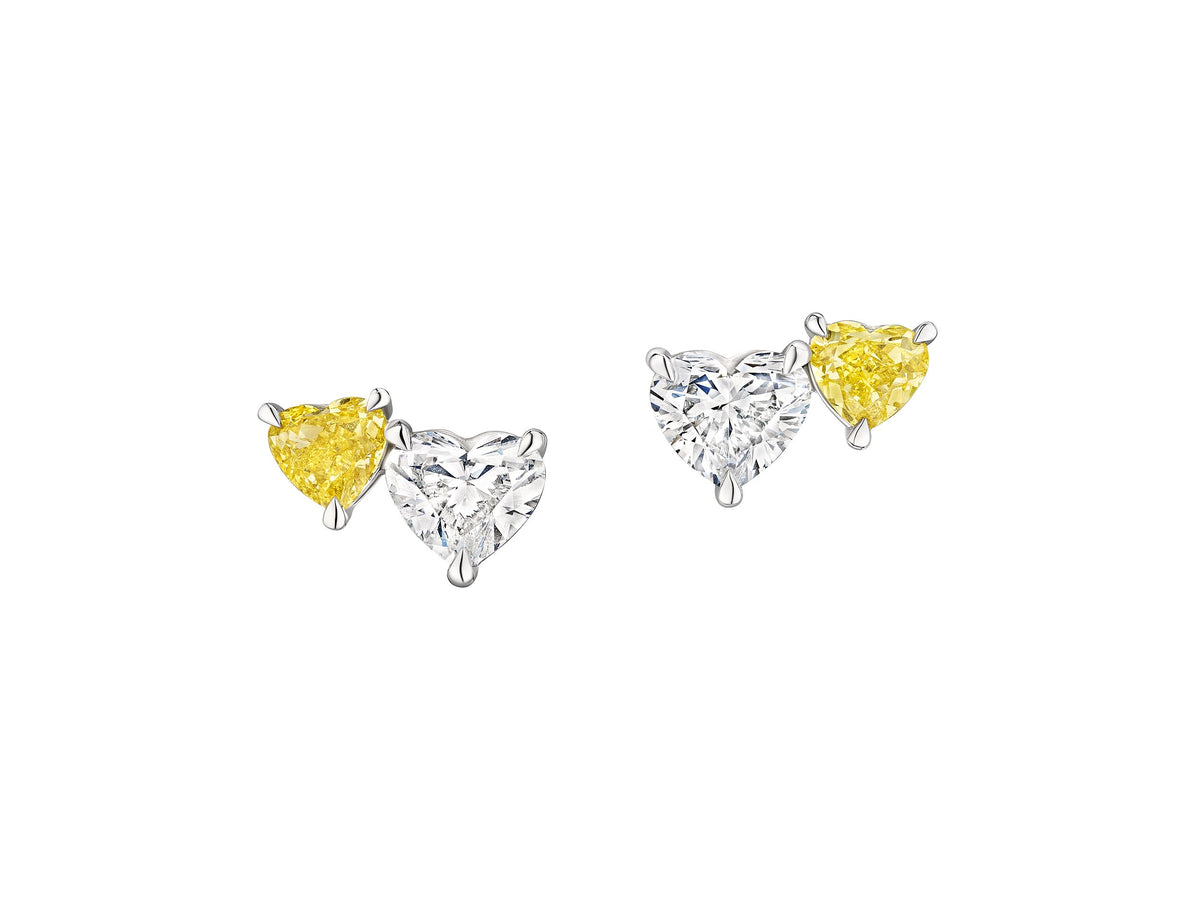 Heart Shaped White and Yellow Diamond Duo Studs