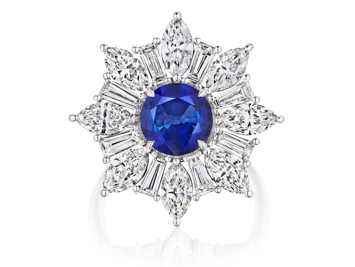 Floral Cocktail Ring in White Gold with Mixed Shape Diamonds and Sapphire