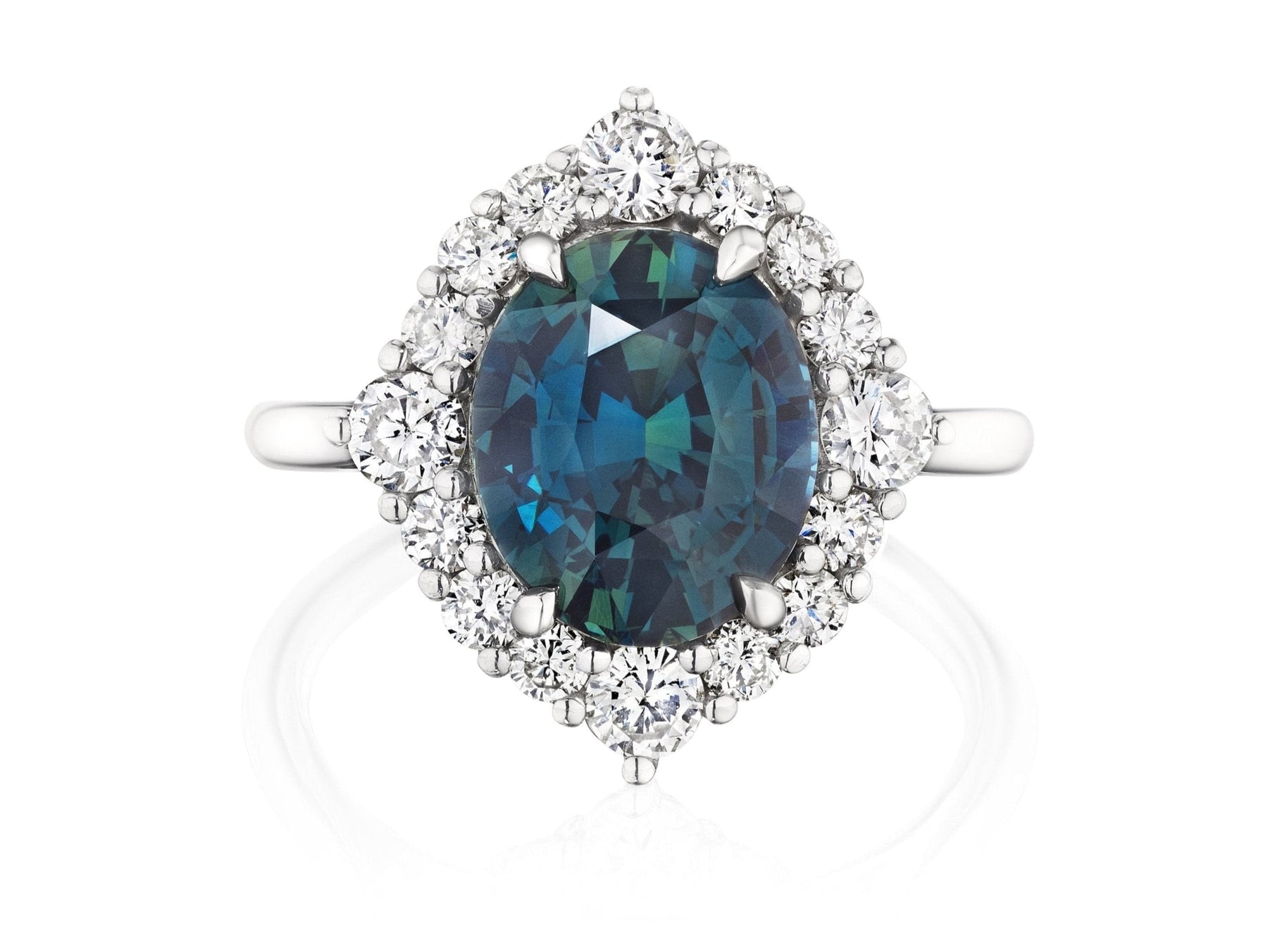 Teal Oval Sapphire Engagement Ring with Diamond Halo