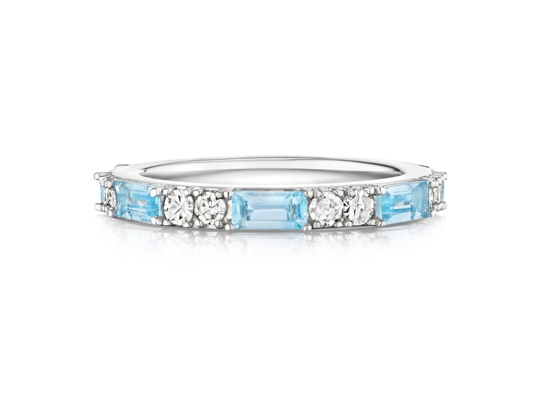 East-West Set Baguette and Round Aquamarine and Diamond Eternity Band