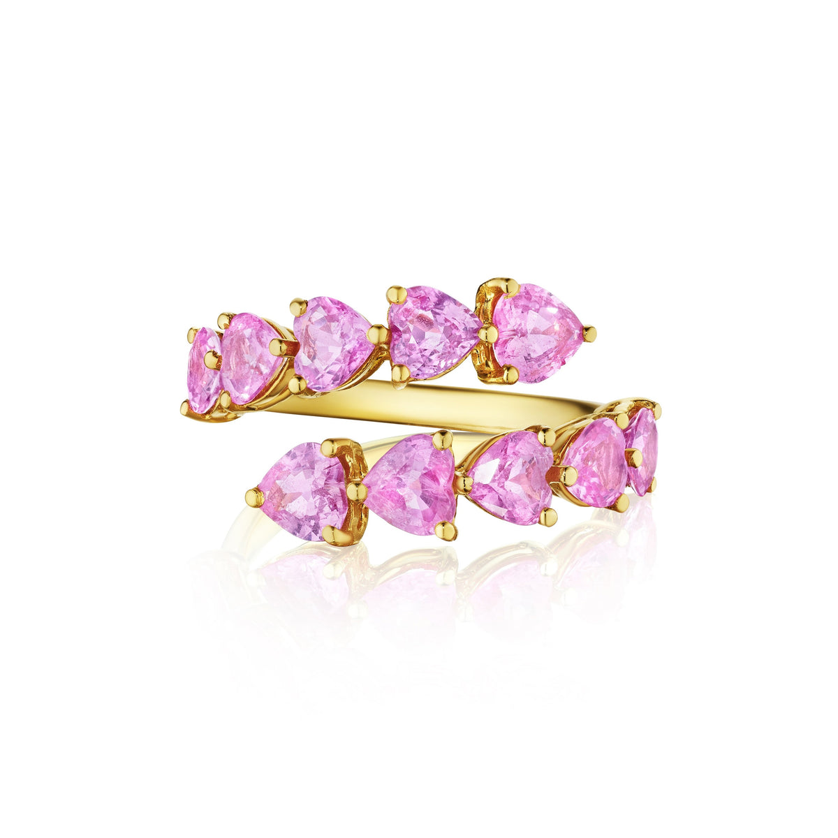 Chasing Hearts Wraparound Ring with Pink Sapphire Hearts in Yellow Gold