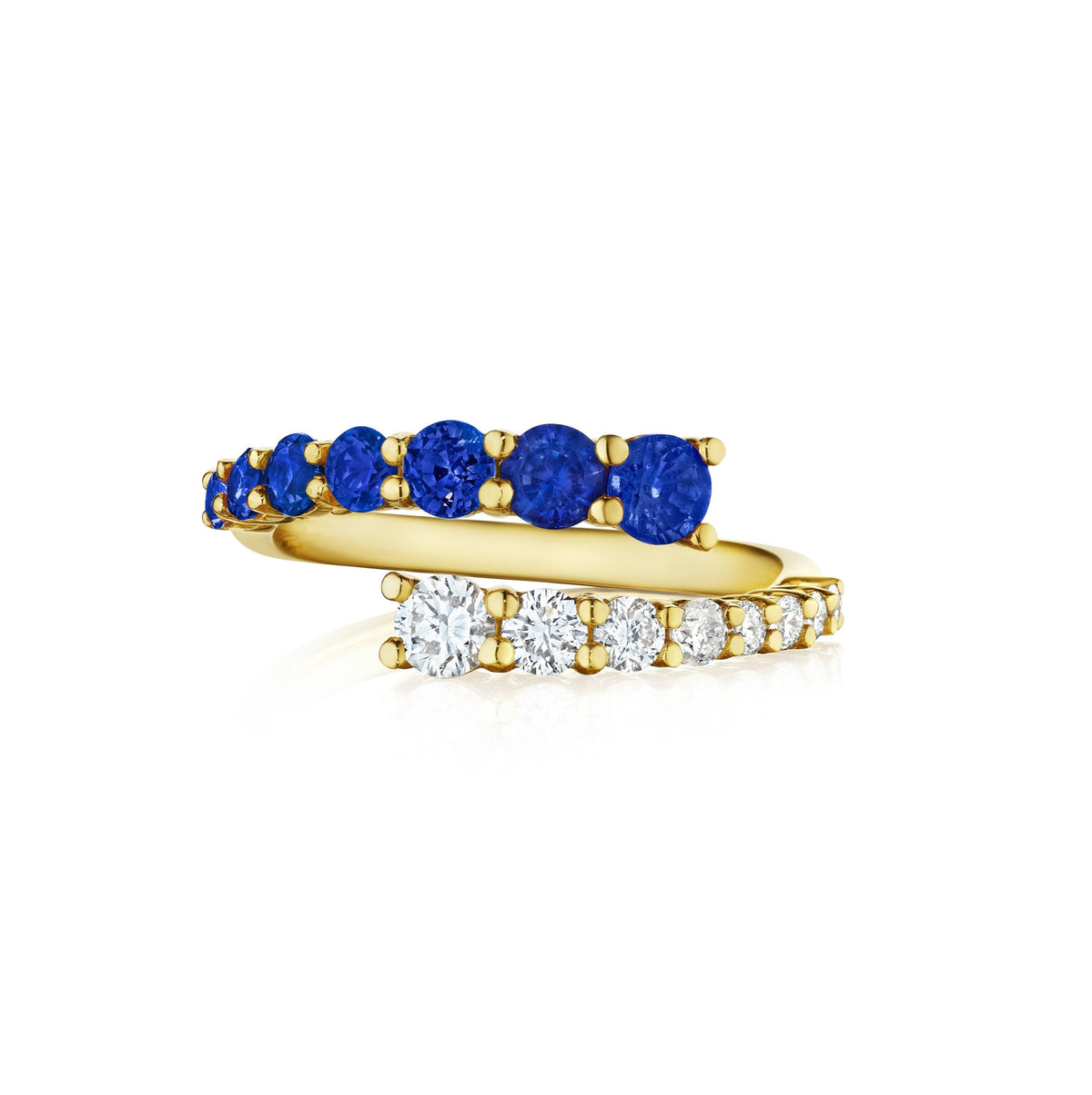 Open Space Ring with Round Diamonds and Blue Sapphires in Yellow Gold