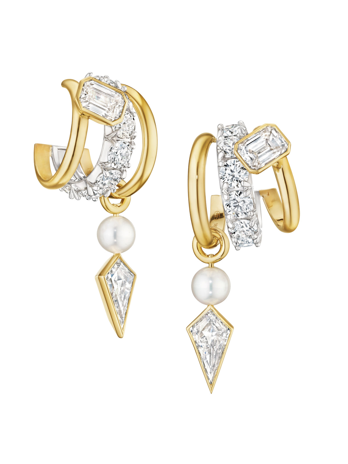 Triple Huggies with Emerald Cut, Round, and Kite Shape Diamonds in Yellow Gold