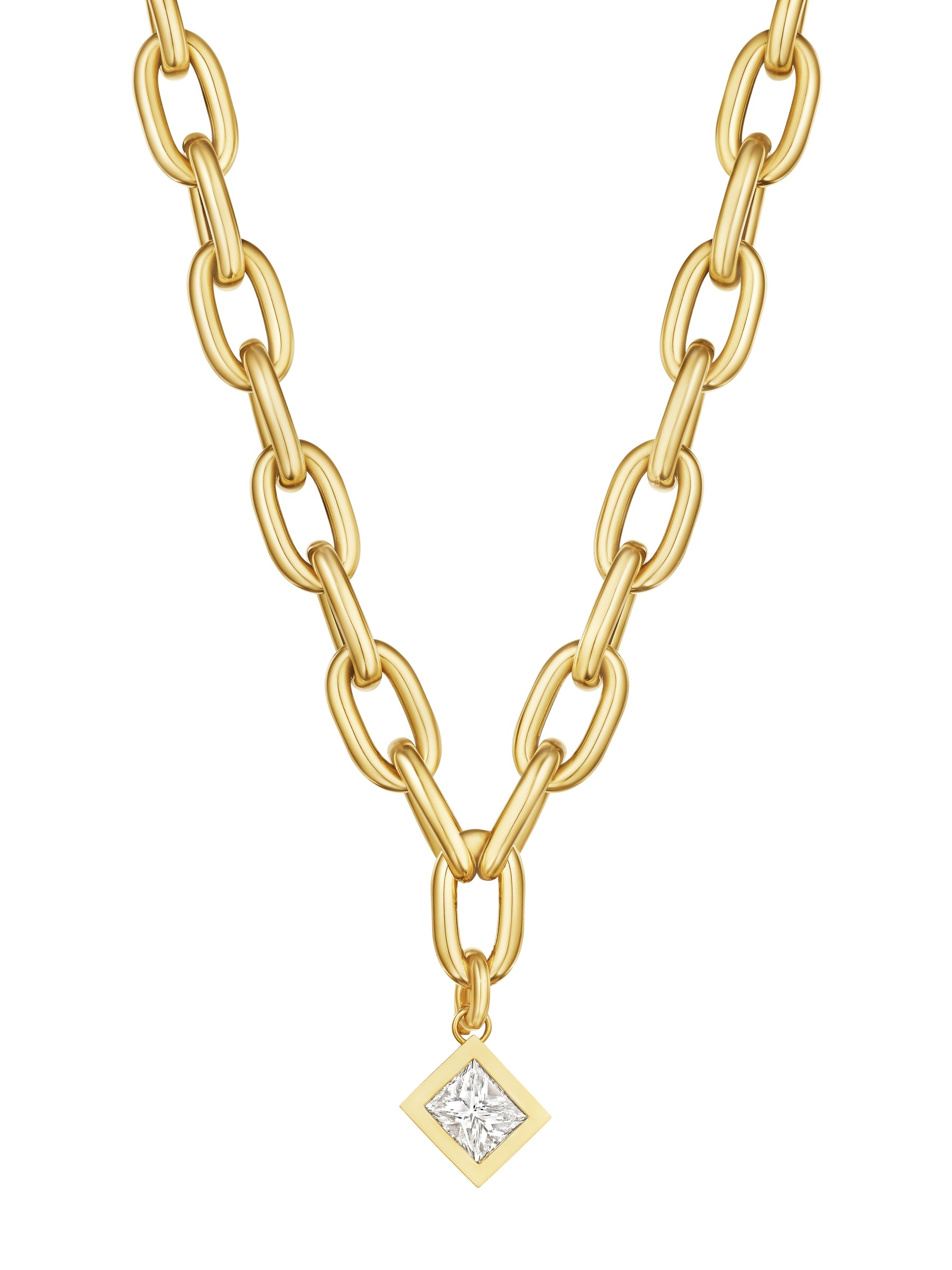 Chain Necklace with Diagonal Bezel Set Elongated Square Diamond Charm in Yellow Gold