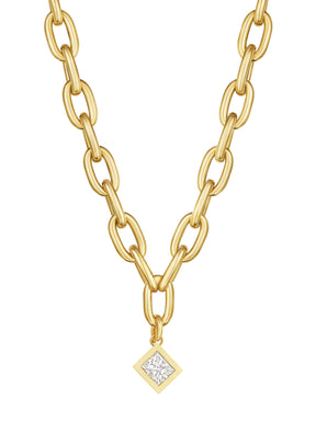 Chain Necklace with Diagonal Bezel Set Elongated Square Diamond Charm in Yellow Gold