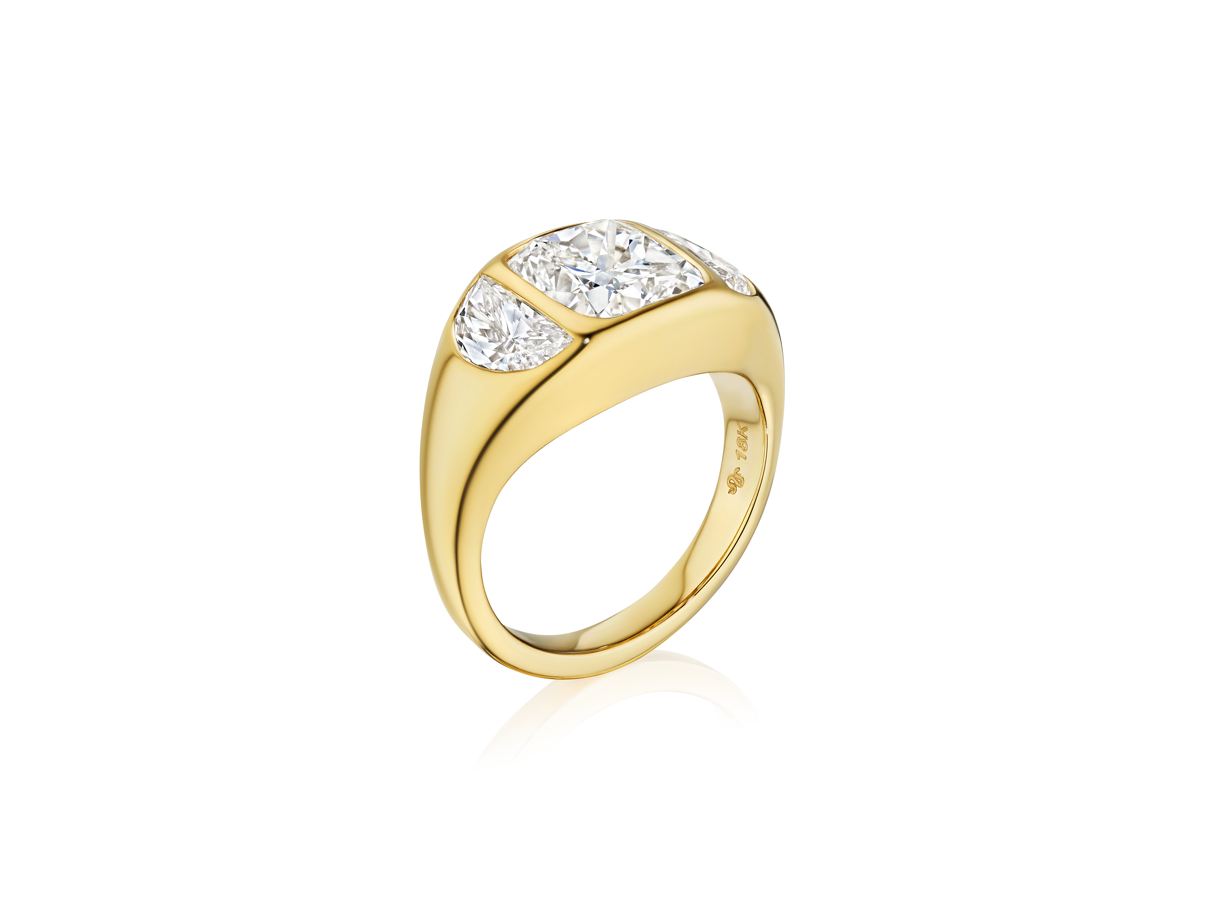 The Burnish Set Cushion Diamond Engagement Ring with Half Moon Side Stones features a wide gold band, a cushion-cut center diamond, and two half moon side stones, elegantly showcased on a white background.