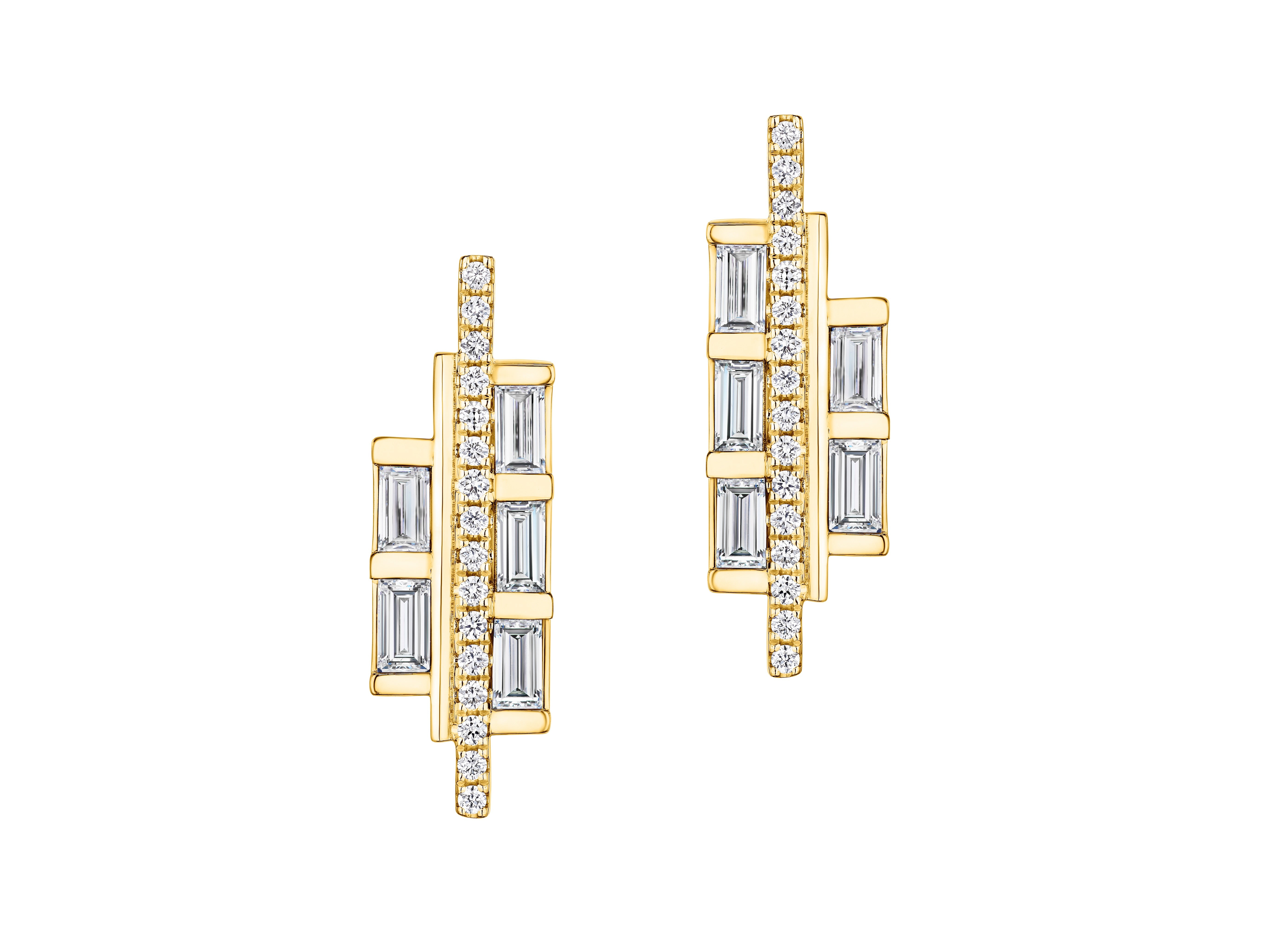 The Art Deco Baguette Diamond Studs in Yellow Gold showcase a geometric, modern design with vertical and horizontal lines set with small round and rectangular baguette-cut diamonds.