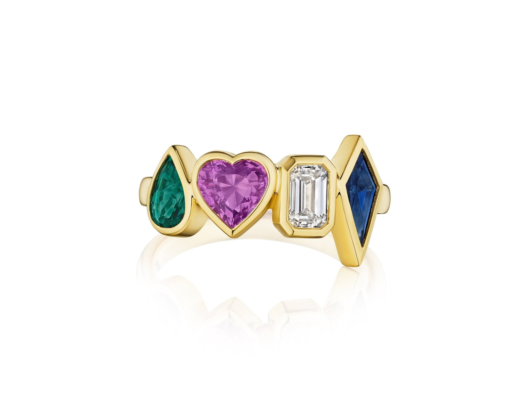 Chroma Heart Beats Bezel Set Cluster Ring in Yellow gold with Mixed Shaped Emerald, Diamond, and Sapphire