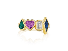 Chroma Heart Beats Bezel Set Cluster Ring in Yellow gold with Mixed Shaped Emerald, Diamond, and Sapphire