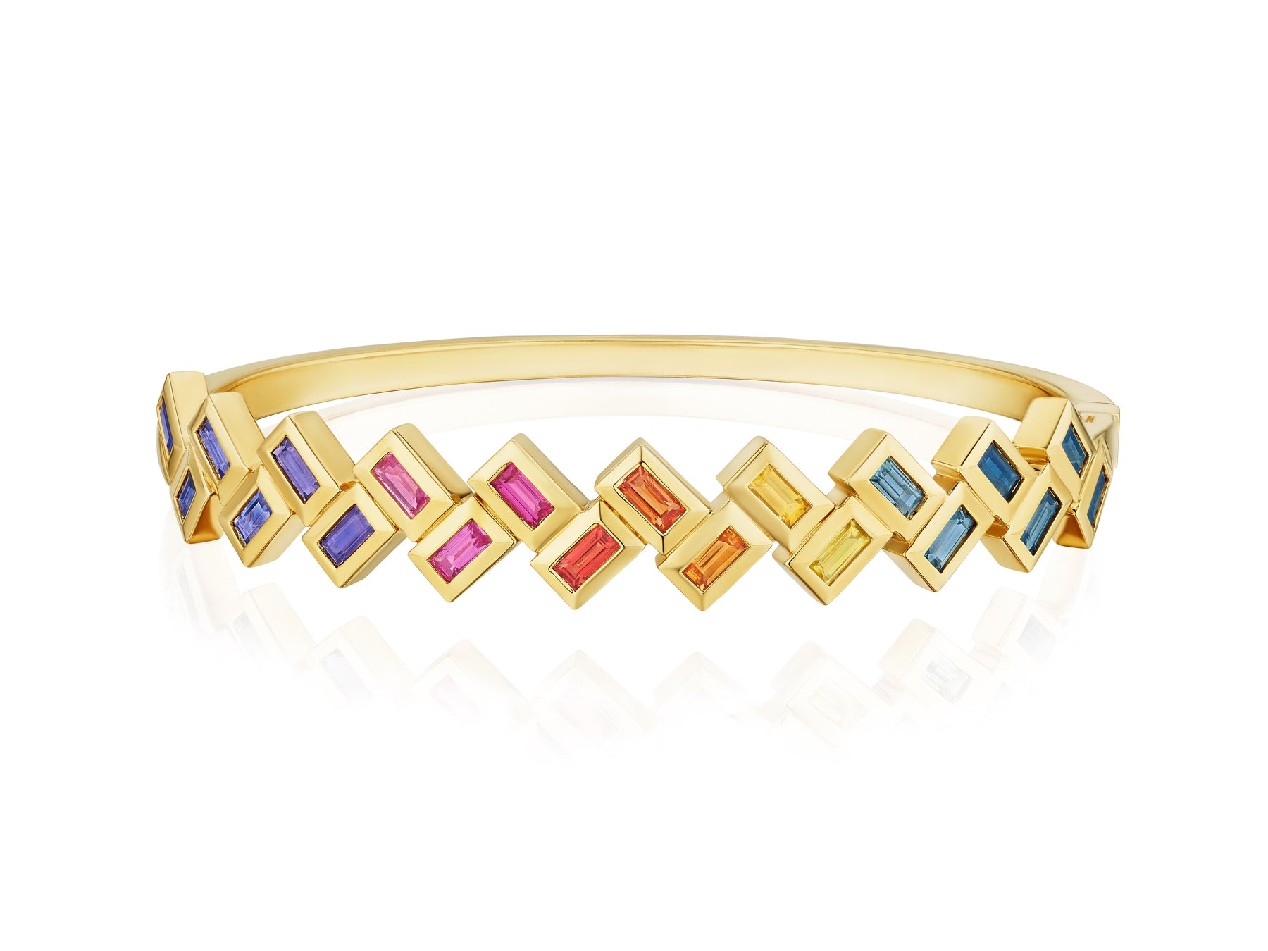 Chroma Chevron Bezel Set Multicolor Baguette Sapphire Bangle in Yellow Gold